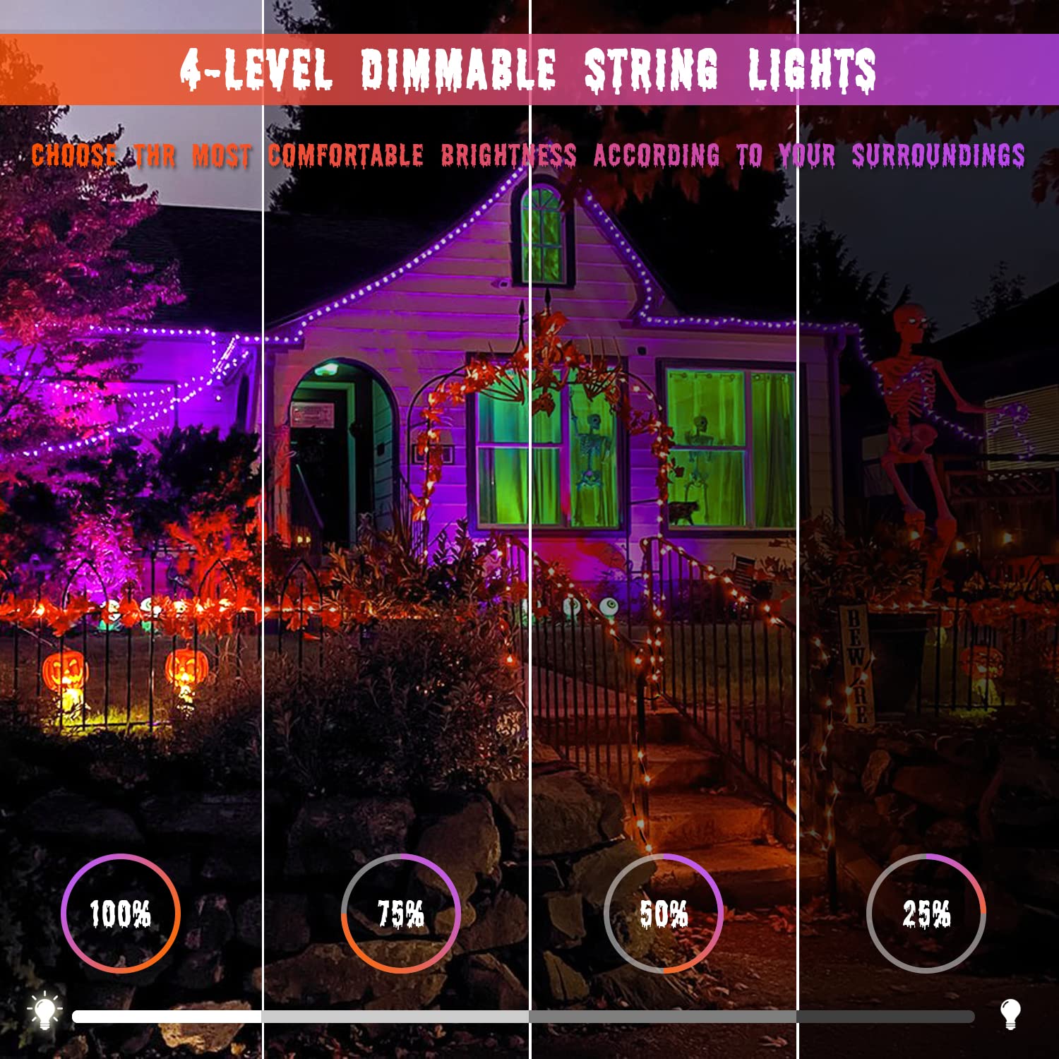 JMEXSUSS Solar Halloween Lights, 100 LED Color Changing String Lights, 33ft, 2 Pack, Orange to Purple, Waterproof, 8 Modes