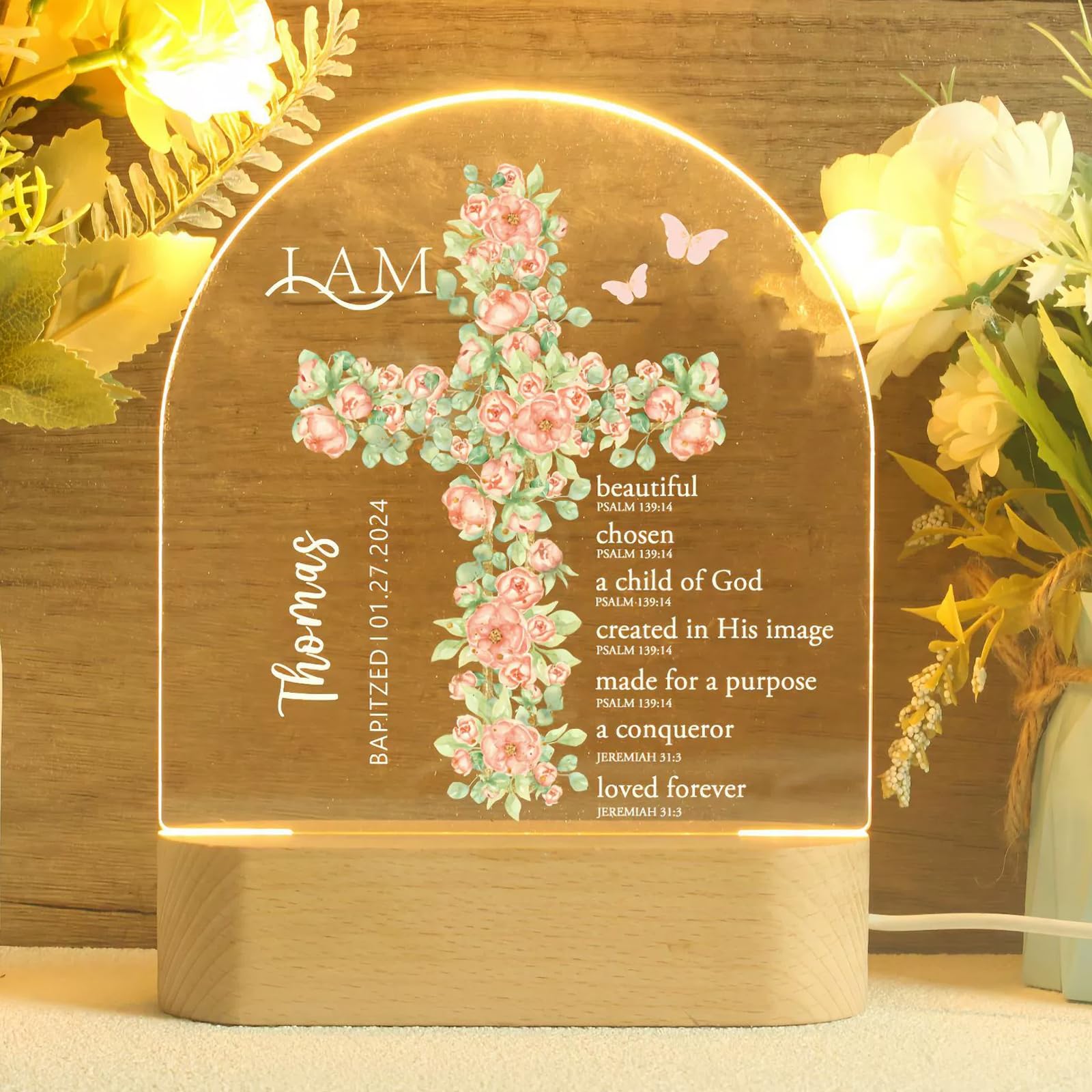 Arokimi Custom Baptism Gifts for Girl Boy - Cross Wooden Lamp Novelty Night Light Illusion lamp for Kids,USB Power Bedroom Decor