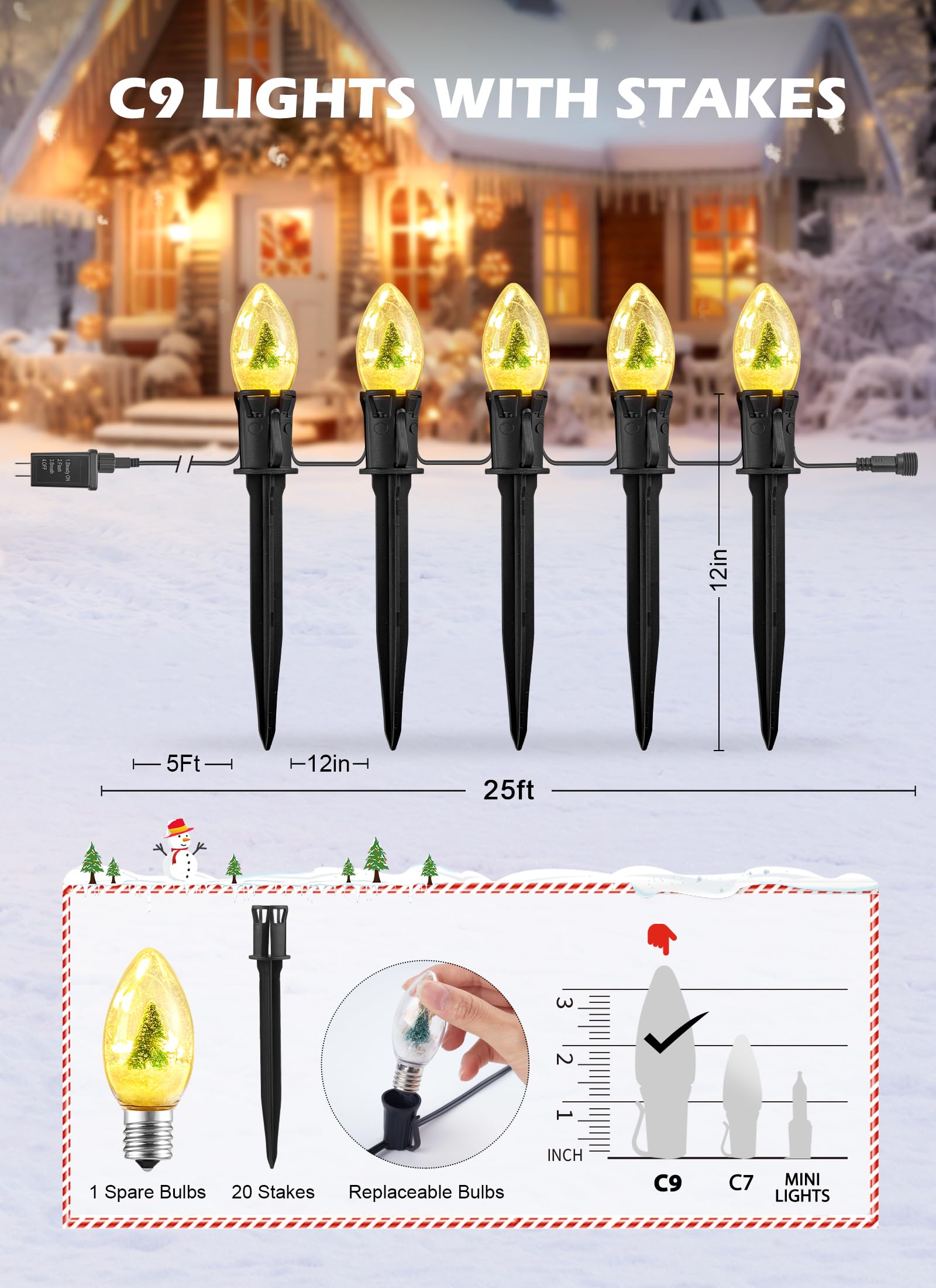 C9 Christmas Pathway Lights Outdoor, 25Ft 20 Led Christmas String Lights With Stakes, 3 Light Modes, Waterproof Connectable Chri