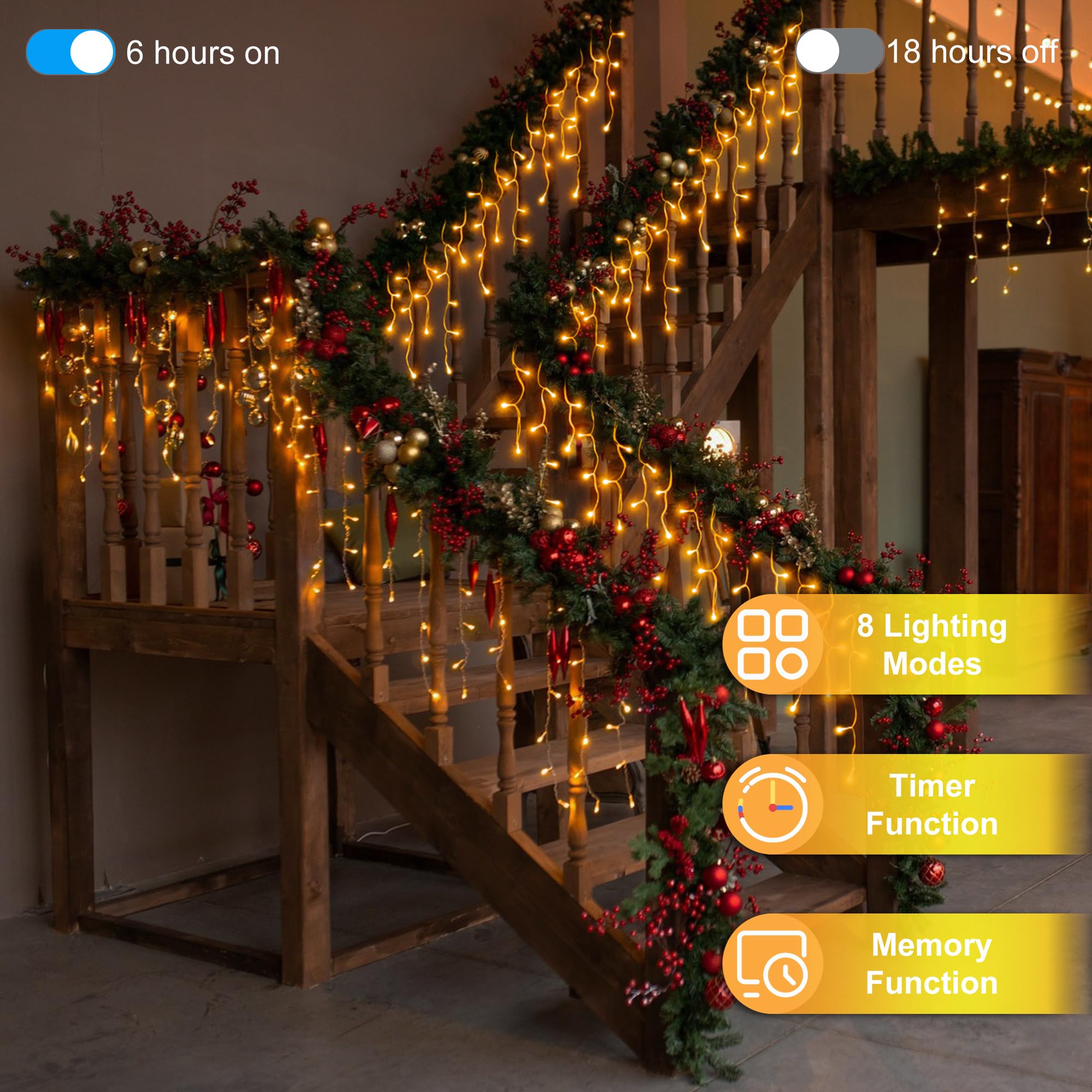 QUHUATU LED Christmas String Lights, 1296 Lights with 288 Drops, 131ft, 8 Modes, Waterproof, Warm White, Model WX-1296L