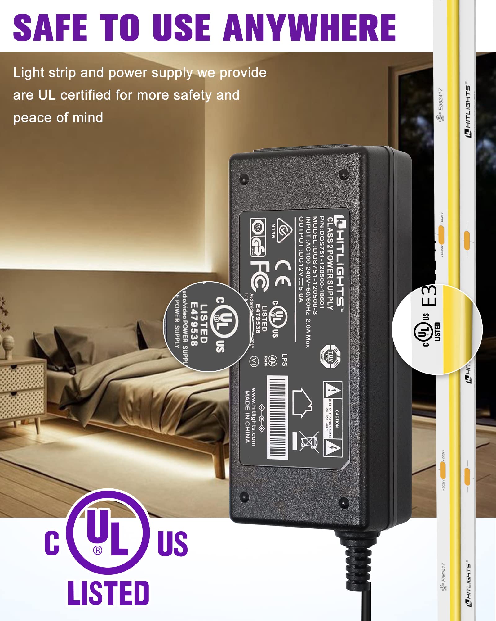 Hitlights Cob White Led Strip Lights Kit With Remote & 24V Power Supply  16.4Ft Dimmable Tape Light 4000K  2560Leds  350+ Lm/Ft  Ul Listed  Flexible Rope Lights For Bedroom  Kitchen  Cabinet Lighting