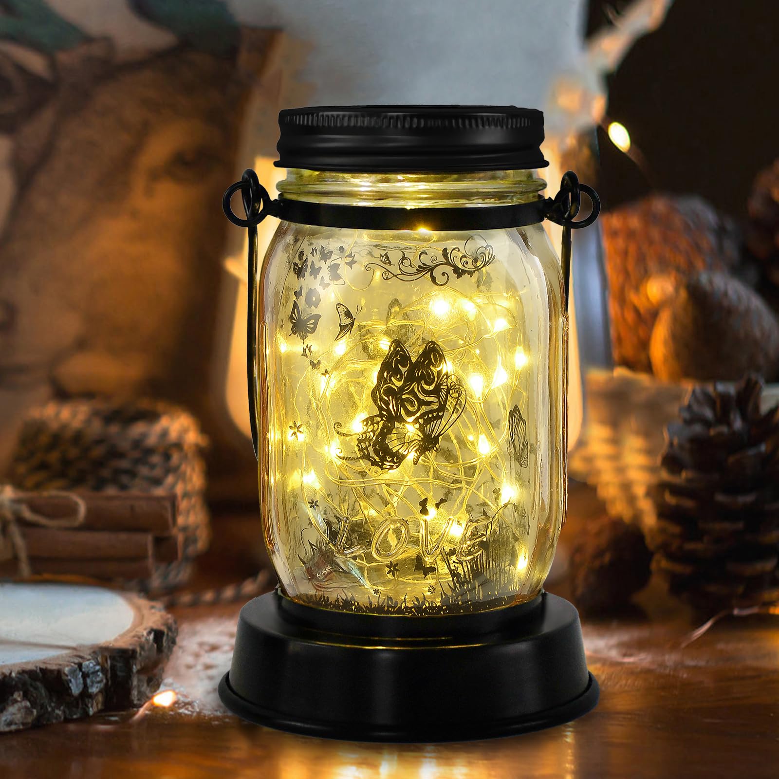 Styleonme Decor Mobile Outdoor Solar Lanterns, Cat & Butterfly Fairy Lights Theme Garden, Mason Jar Solar, Gifts For Mom, Grandm