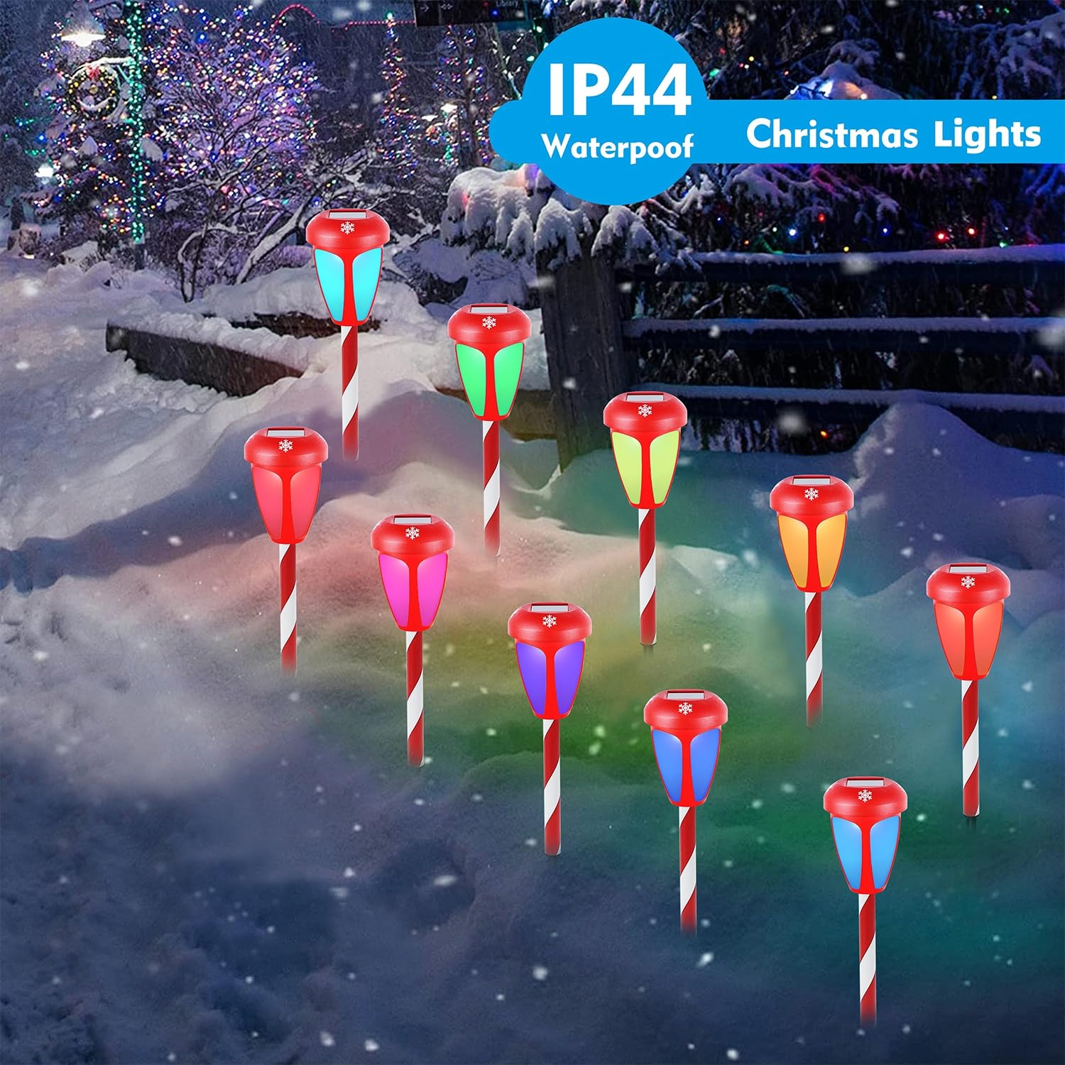 Dynaming 10 Pack Solar Christmas Path Lights, Outdoor Solar Powered Color Changing Xmas Garden Pathway Markers, Auto On/Off Cand