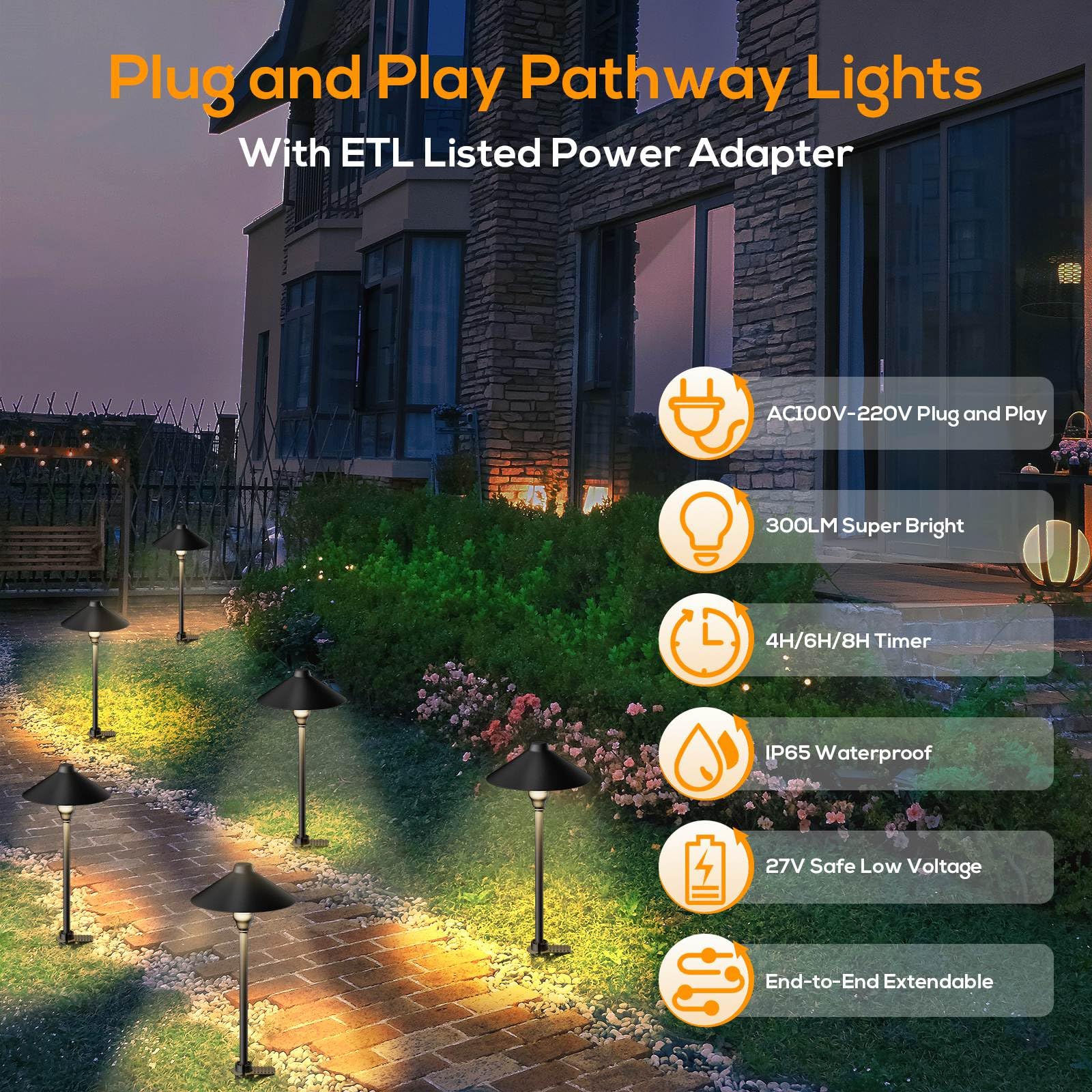 Neymlya Low Voltage Pathway Lights With Timer  Plug In Landscape Path Lights 4H/6H/8H Timing  3000K Led Landscape Lighting Ip65 Waterproof Etl Listed  Set Of 6 Lights Total 18W  Non-Hardwired