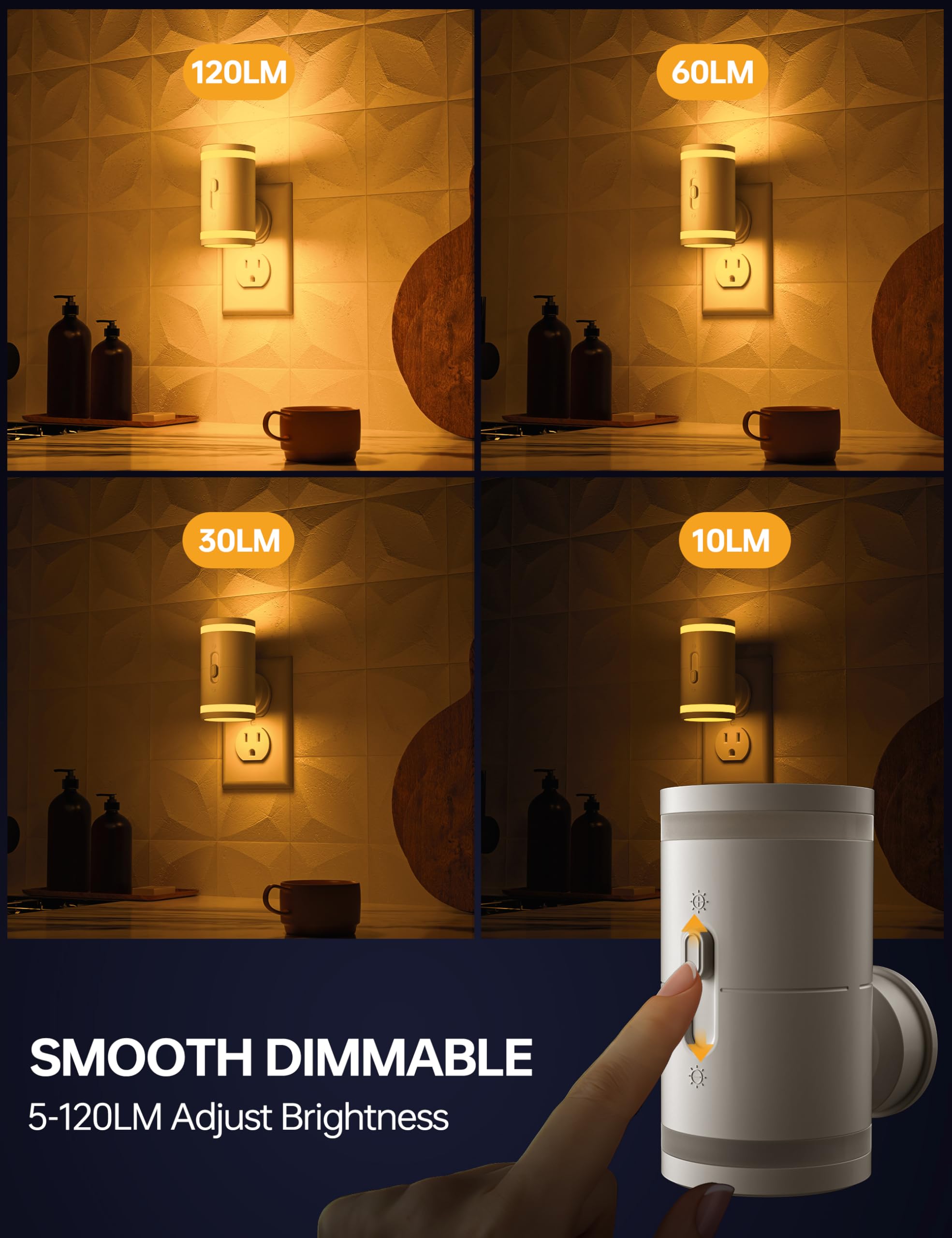 KINDEEP Night Light Plug into Wall with Dusk to Dawn Sensor, Amber, 5-120LM Adjustable Brightness, 2 Pack