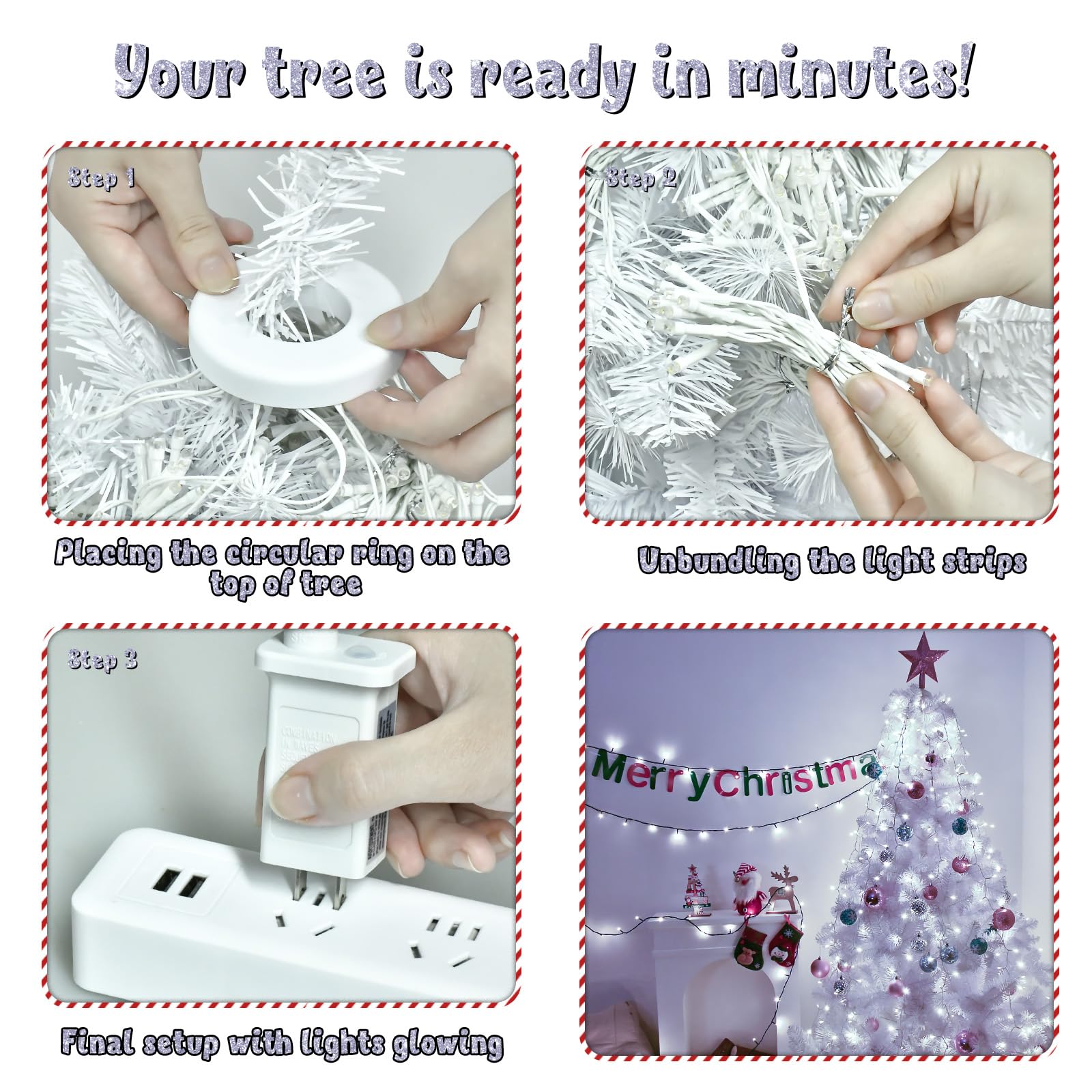 BOLWEO 400 LED White Christmas Tree Lights, 16 Lines, 8 Modes, 6ft-7ft, Cool White, UL Certified Indoor Outdoor Holiday Decor