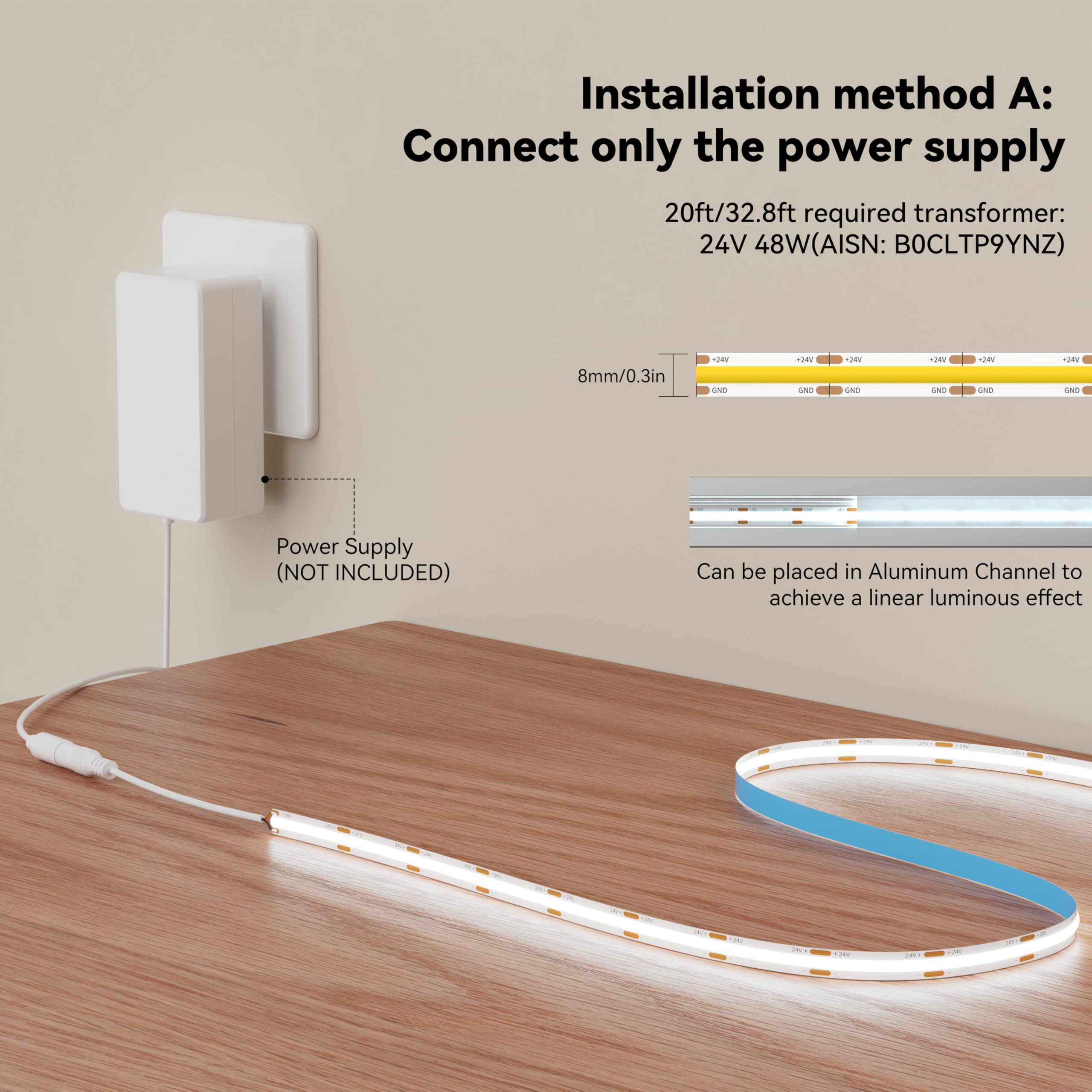 Miwise Cob Led Strip 20Ft/6.1M Cri 90+ Daylight White 6000K High Lumen Super Bright Flexible Dc24V Led Tape Light For Cabinet Home Office Diy Lighting Projects(Adapter & Controller Not Included)
