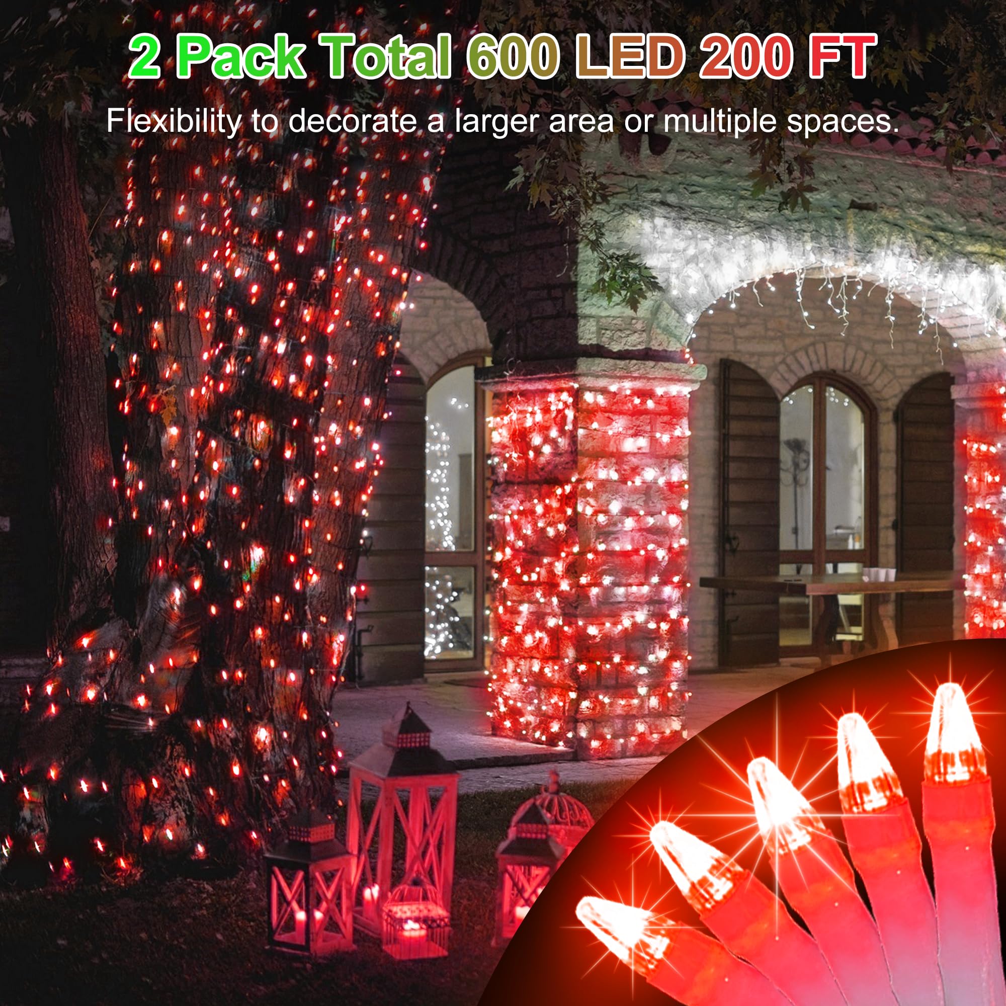 HRANBOTY LED String Lights, 200FT 600 LED, 8 Modes & Timer, Red, Indoor Outdoor Fairy Lights for Home, Tree, Yard, Wedding Decor
