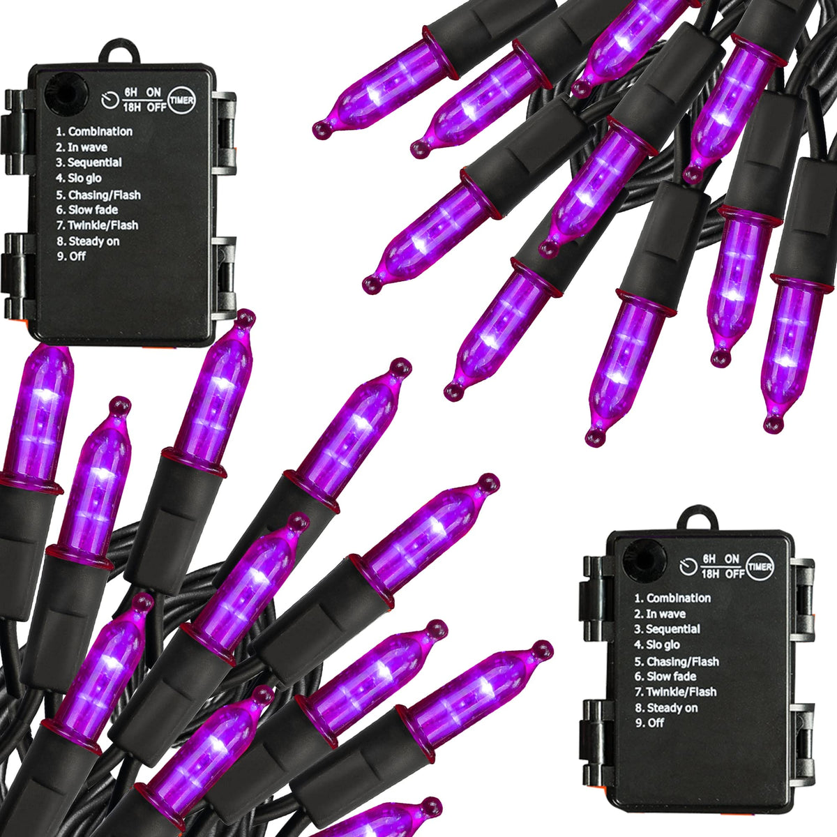 Battery Operated Halloween Lights, 2 Pack Total 100 Led 32Ft Purple Halloween Lights Outdoor, Waterproof Mini String Tree Lights