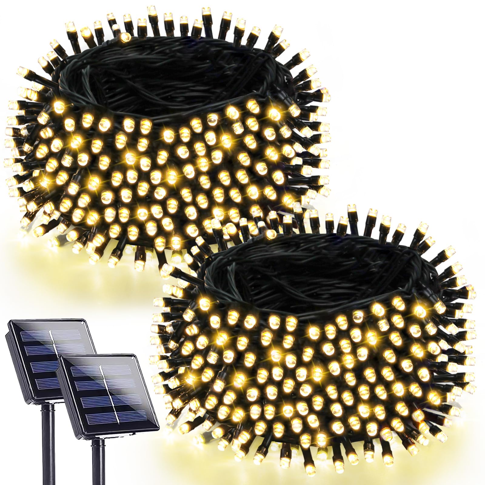 SANJICHA Solar Christmas Lights, 2 Pack 90FT, 160 LED, Warm White, Waterproof, Green Wire, 8 Lighting Modes, Model SSLGW