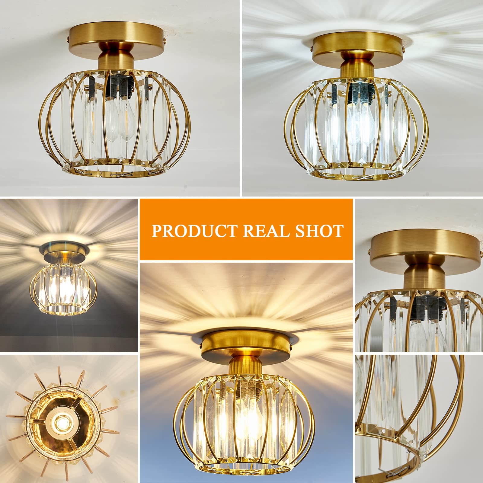 Yyjlx Crystal Semi Flush Mount Ceiling Light Fixture E26 Mini Antique Gold Chandelier Small Ceiling Lamp For Entryway Bedroom Ba