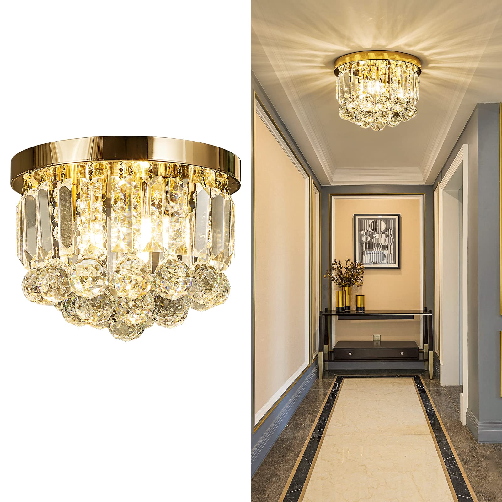 Gopmmy Round Crystal Lamp Chandelier,Modern Gold G9 Ceiling Mount Fixture Dia.9.85'' X H8.25 For Living Room Dining Room Hallway