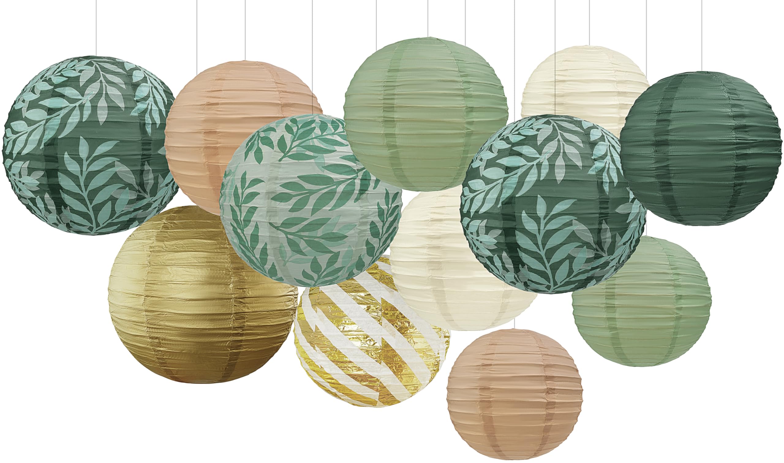 Sage Green Hanging Paper Lanterns Decorative, 12Pcs Sage Green And Gold Forest Birthday Party Decoration With Hooks And Ropes Br