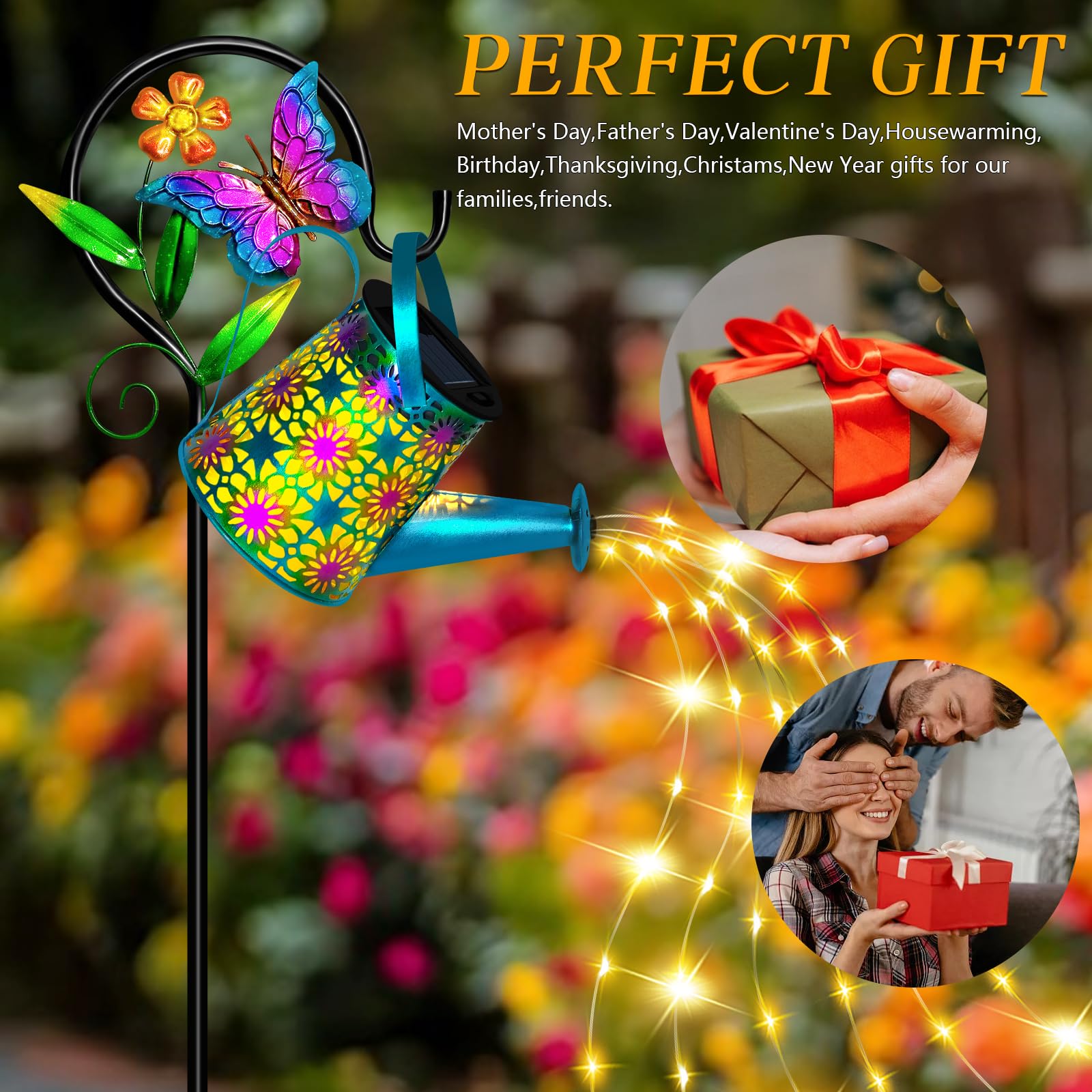 Ostritec Solar Watering Can with Lights, Waterproof Metal Lantern, Blue Butterfly, Model: shuihuden-futi, Unique Garden Gifts for Women