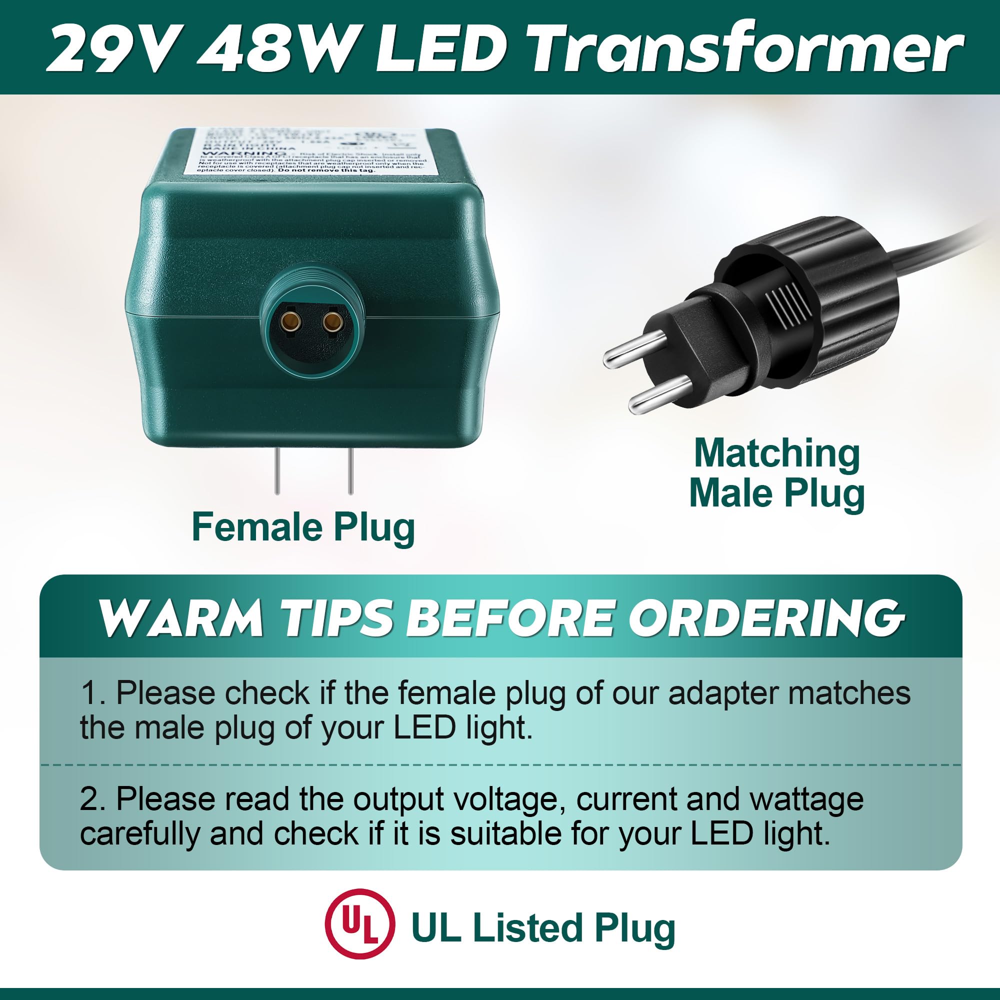 Enhon 29V LED Power Supply, UL Certified Class 2 Transformer, Green, Model TS-48W29V, Low Voltage US Plug Adapter for Lights
