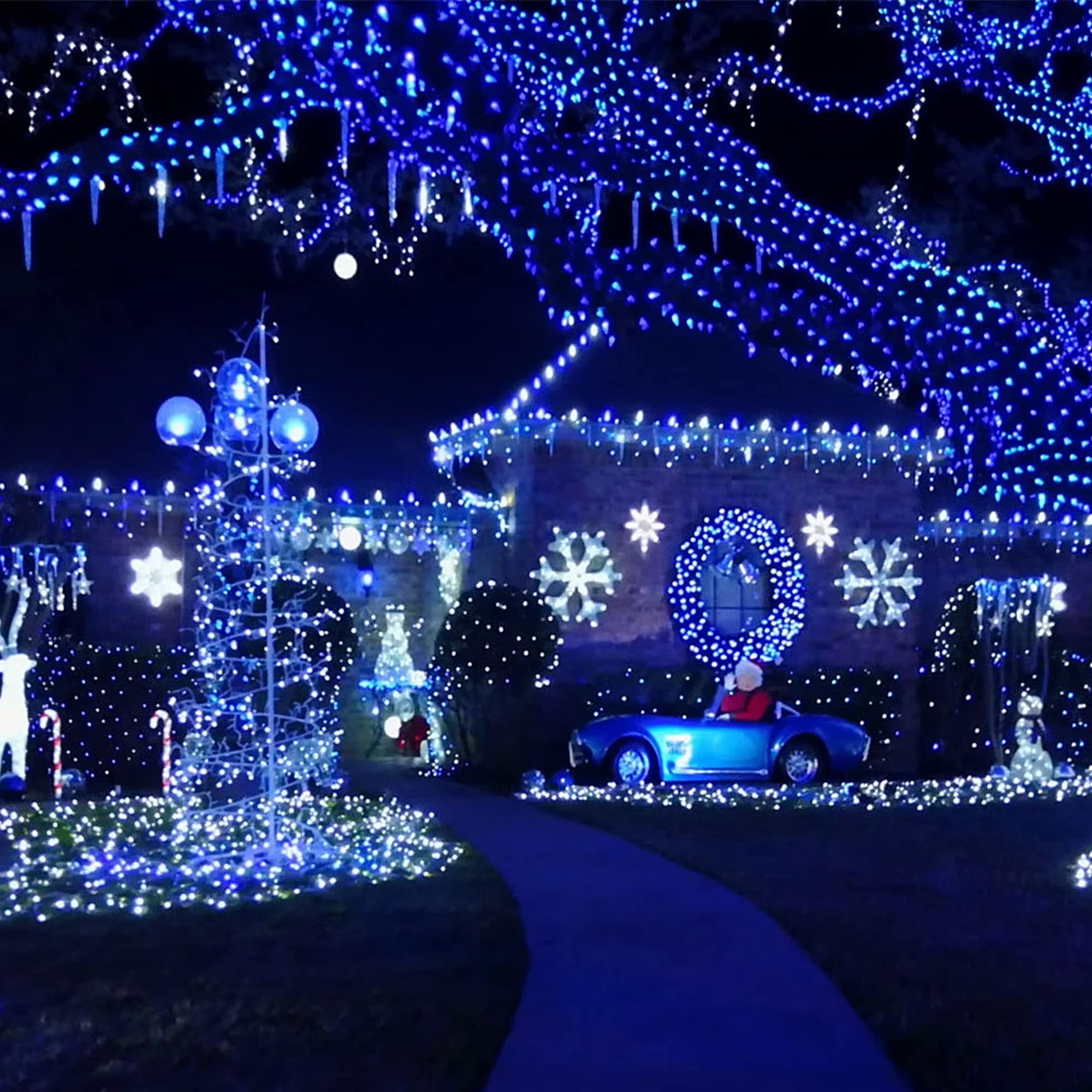 FUNPENY LED String Lights, 164FT, 500 Lights, 8 Modes, Waterproof, Green Wire, Blue & White for Indoor Outdoor Holiday Decor