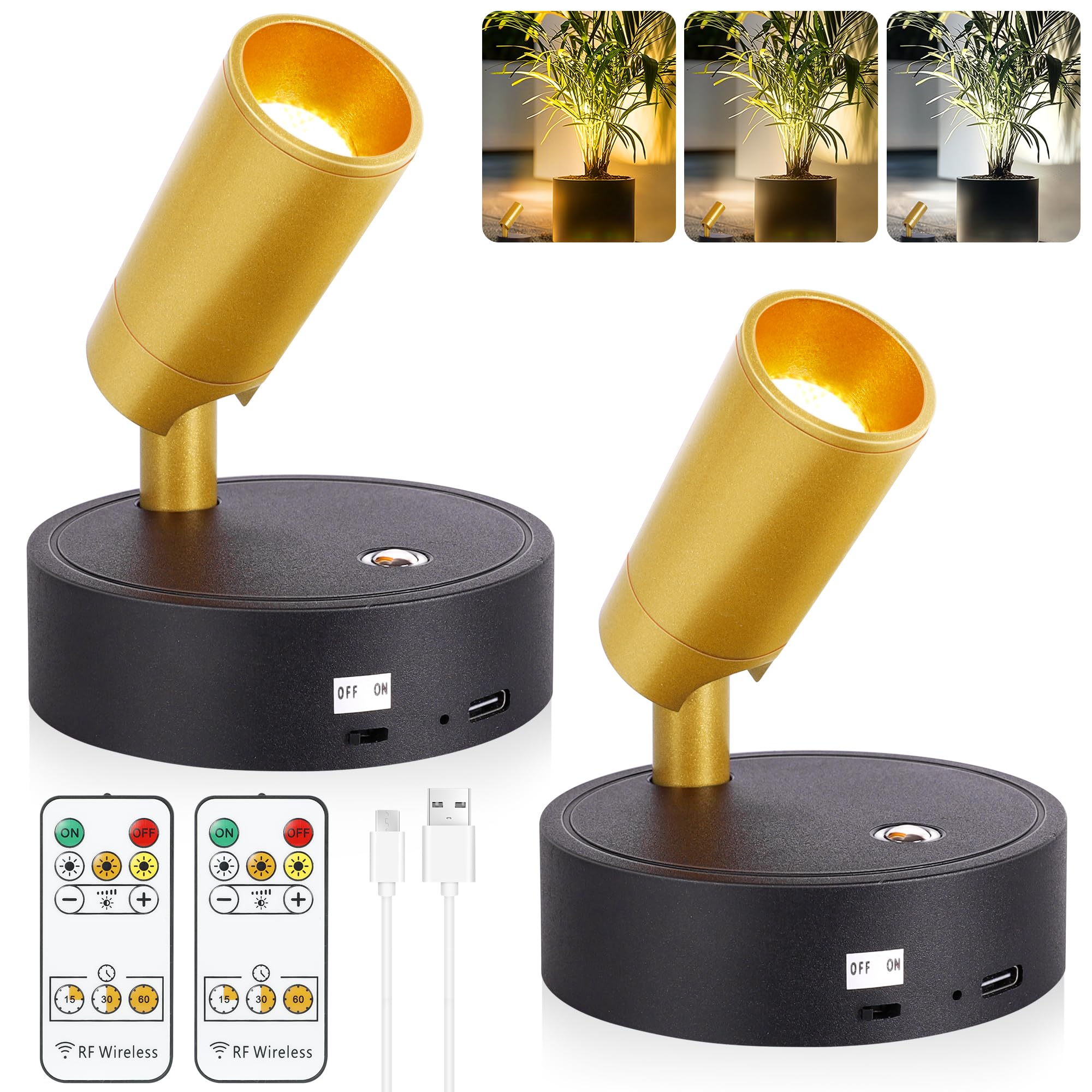 2 Pack Wireless Spotlight Indoor, Battery Operated Accent Lights Indoor With Remote Control Timer&Dimmable, Rechargeable 3Cct Tr
