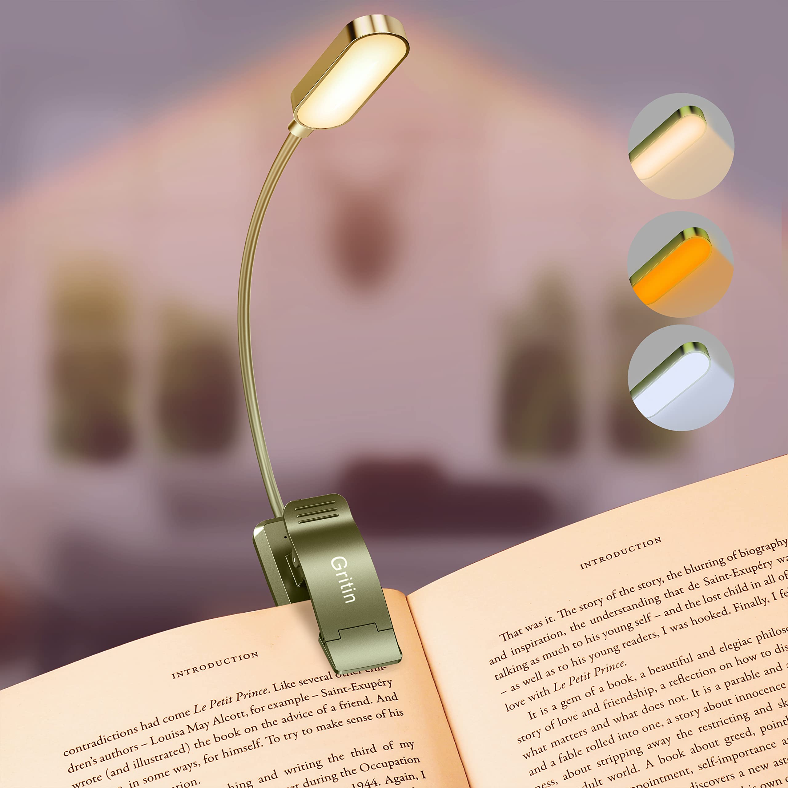 Gritin Rechargeable Book Light - 16 LEDs, 3 Color Temperatures, Stepless Dimming, Dark Green, Model GM1331