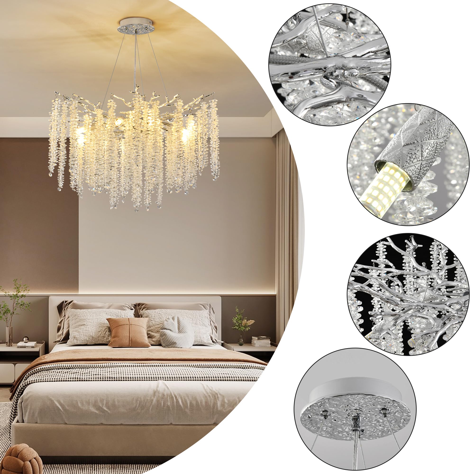 Upfelw Modern Crystal Tree Branch Chandelier, Chrome Round Art Deco Raindrop Lighting Fixture For Dining Room Bedroom Foyer 6 Li