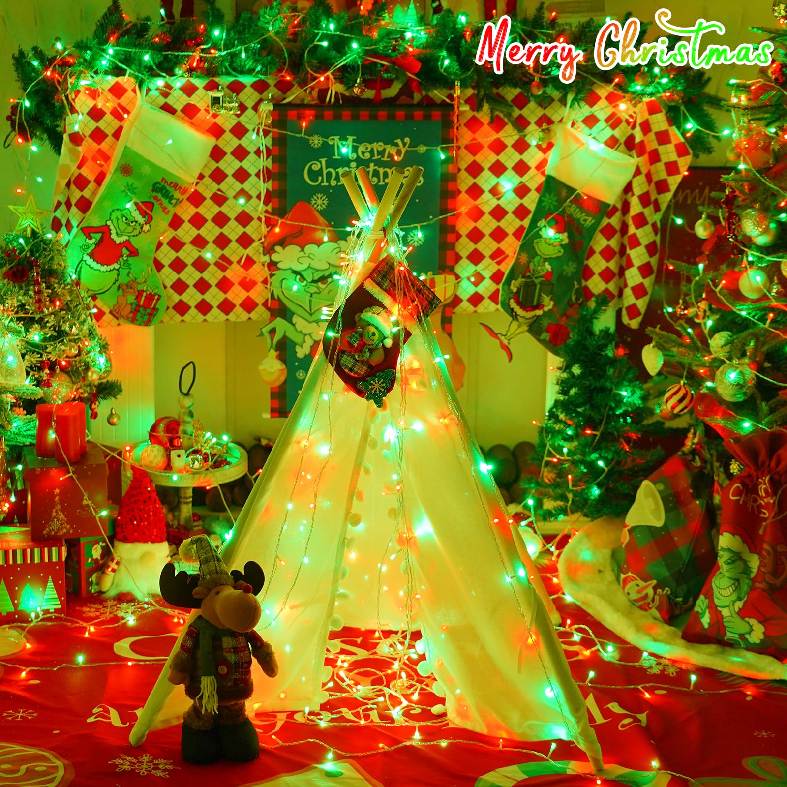 Yeguo 165Ft 500 Led Red And Green Christmas Lights Outdoor Waterproof  Clear Wire String Lights Indoor Plug In  8 Modes Clear Wire Twinkle Tree Light For Xmas Party Garden