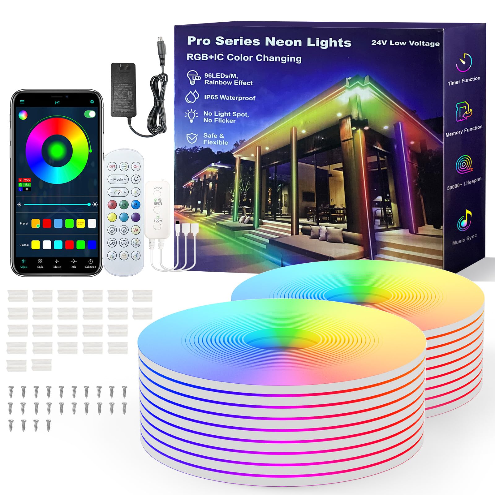Ustarus 40Ft Rgb Ic Neon Led Strip Lights With Remote, Music Sync & Waterproof For Indoor/Outdoor
