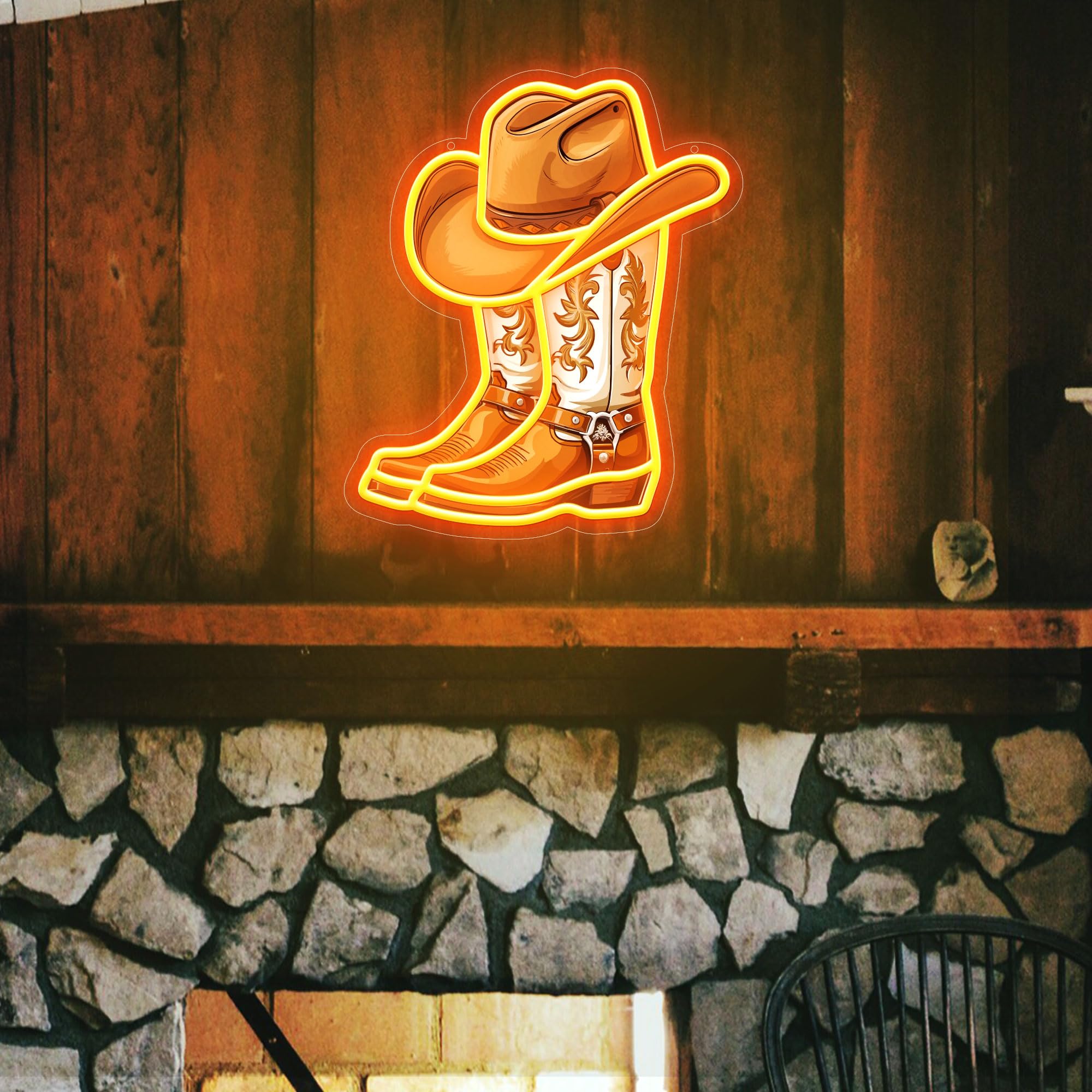 ZLOOREE Cowboy Boot Neon Wall Sign, Dimmerable LED Decor, 13x11 Inches, Golden Yellow, Silicone, Perfect for Game Room & Parties