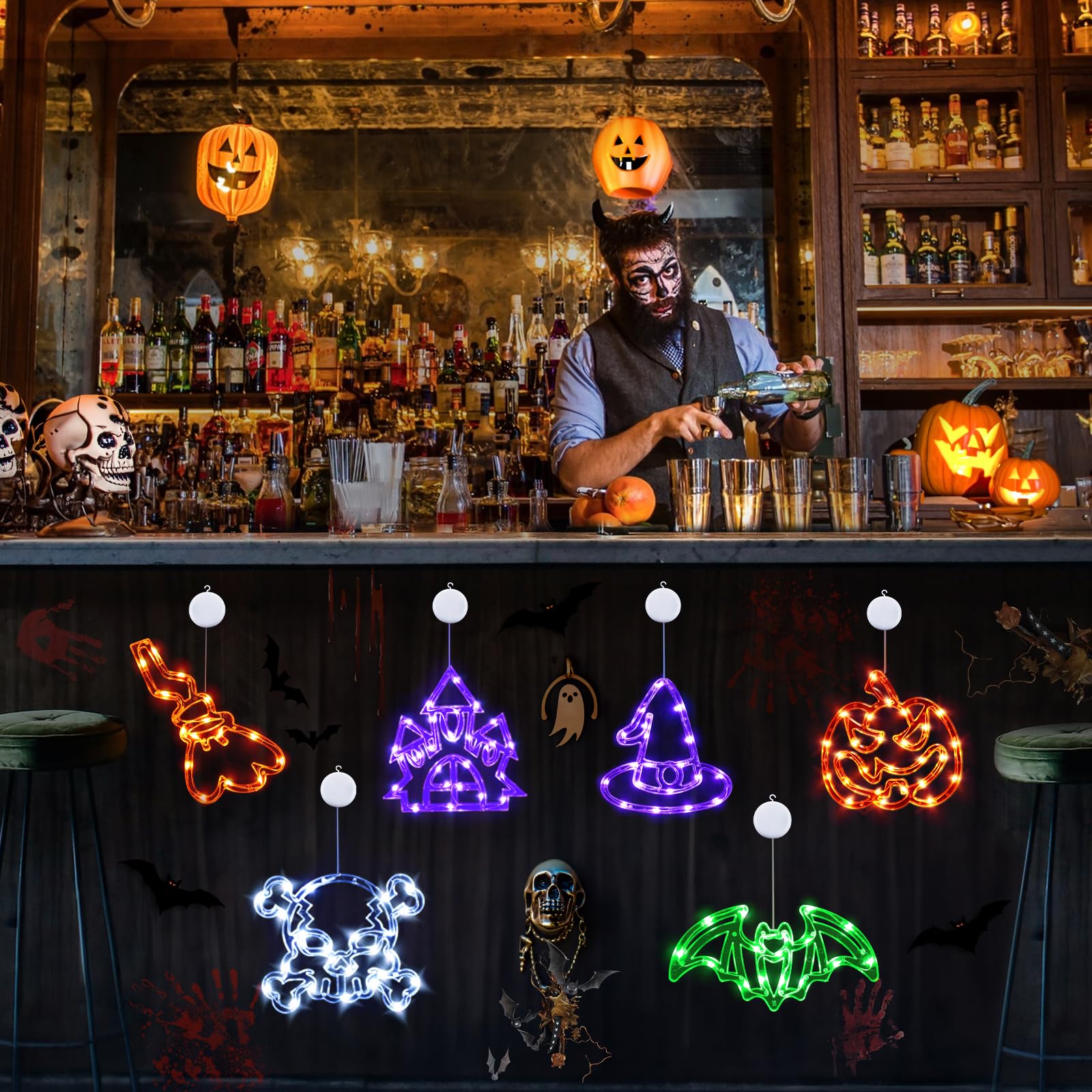 Tiaxidex Halloween Lights, 6 Pack Skull Pumpkin Castle, Bat, Witch Hat, Halloween Decorations With Modes Of Flashing And Steady Light With Suction Cup, Battery Operated Halloween Window Decoration