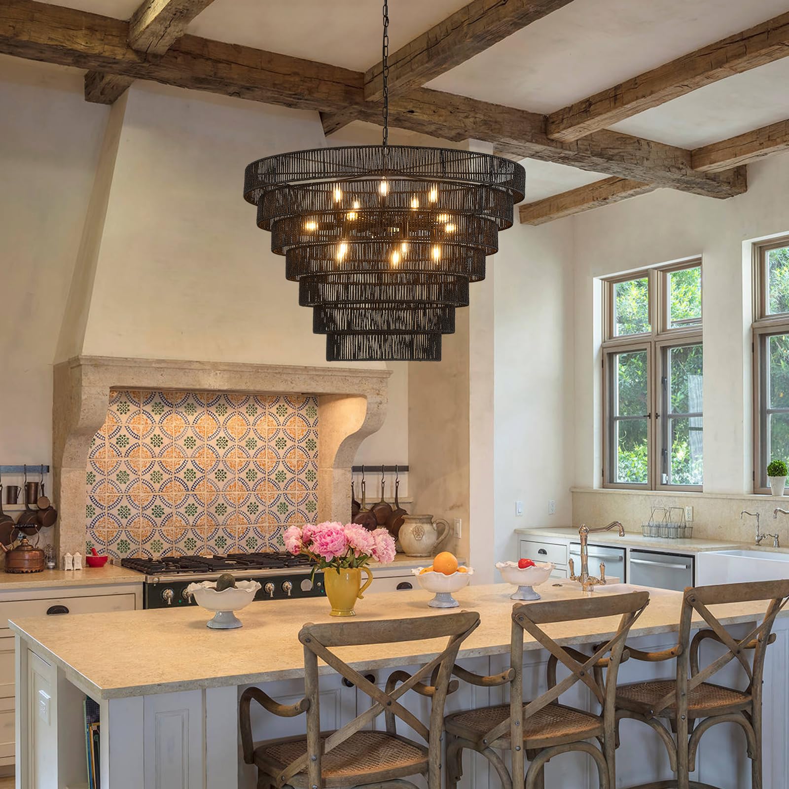 Yomecoo 39.4 Large Black Rattan Chandelier Vintage Farmhouse 15-Lights Boho Hand-Woven Bamboo Chandeliers Light Fixture Rustic D