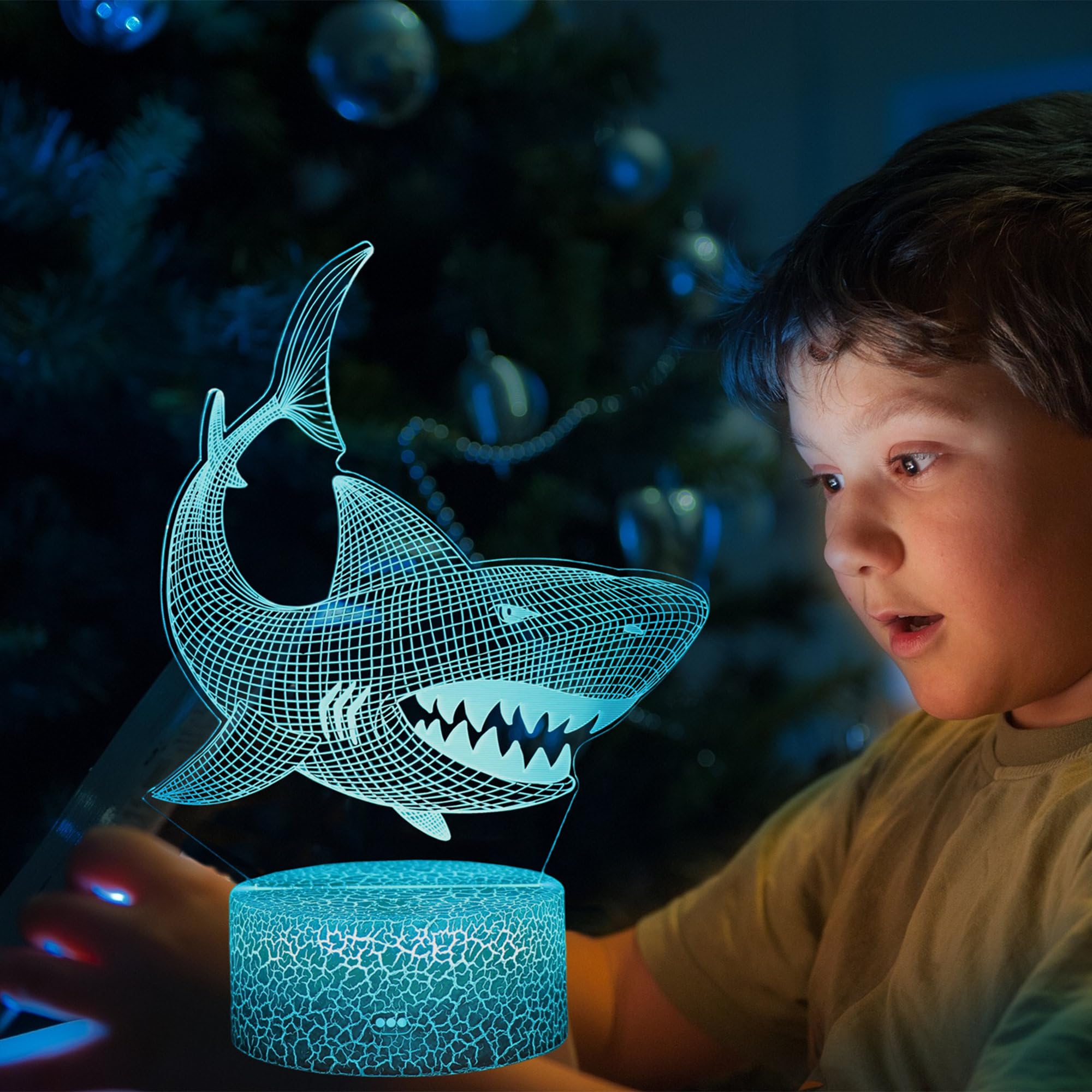 Kenmaca Sharks Night Light For Kids Boy Girl Bedroom, 3D Illusion Lamp 3 Patterns 16 Colors Changing Dimmable Room Decor, Touch