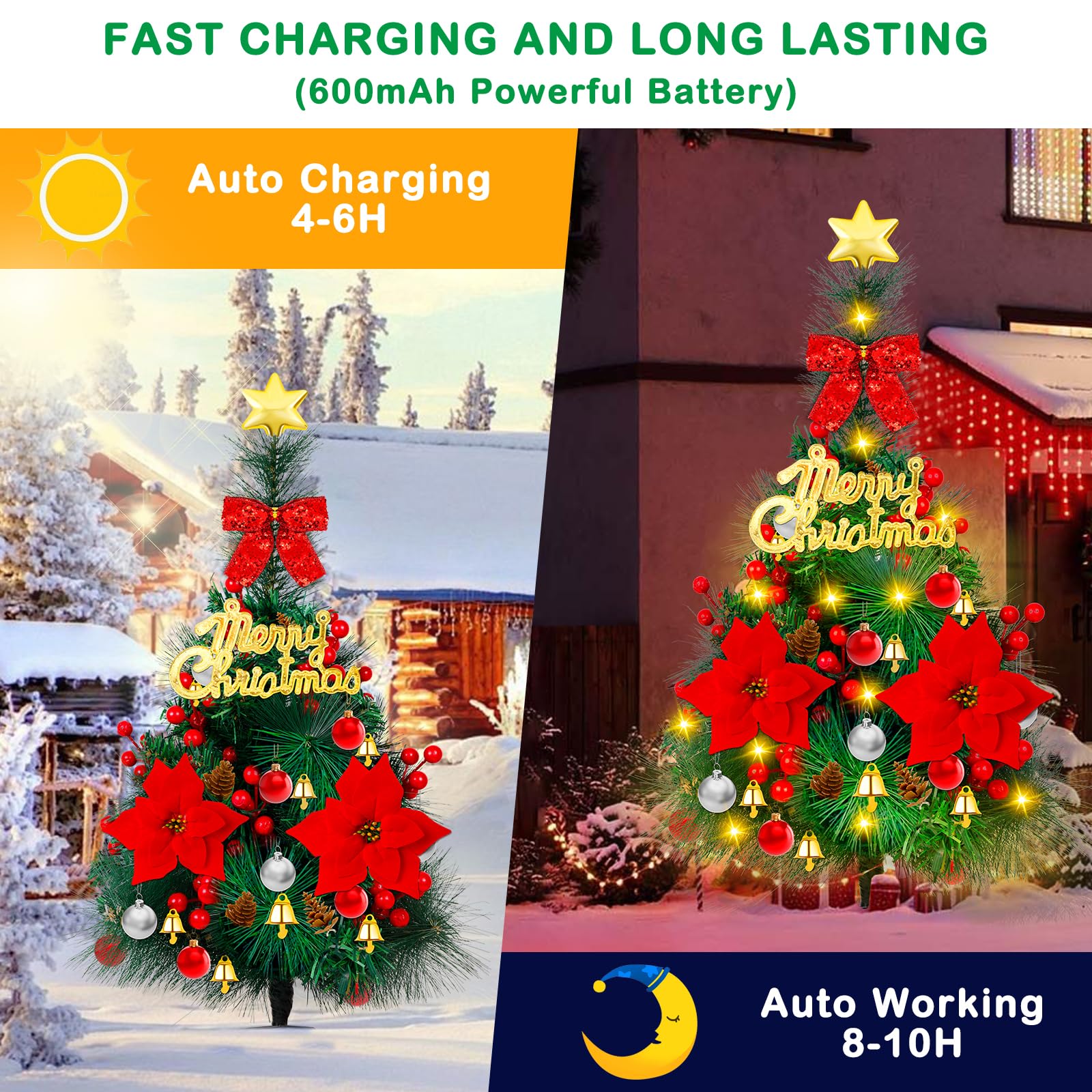 Mukum 2 Pack 30 Inch Solar Xmas Tree Light Outdoor Tree With 30 Led Lights, Pinecones, Star And Bells, Waterproof Christmas Path