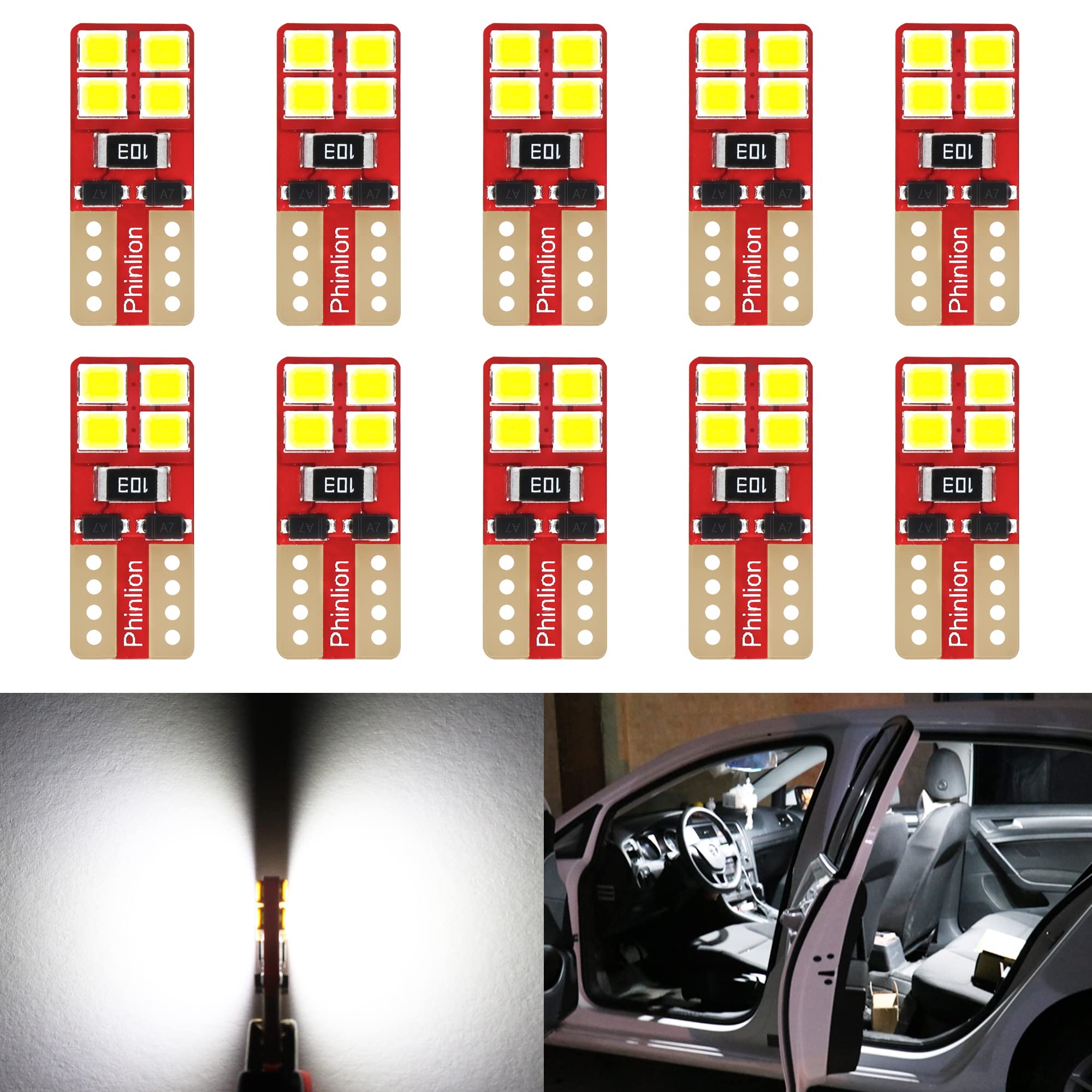 PHINLION LED Light Bulb T10-2835-8SMD-W, 6000K White, Super Bright Replacement Bulbs for Car Interior, Pack of 10