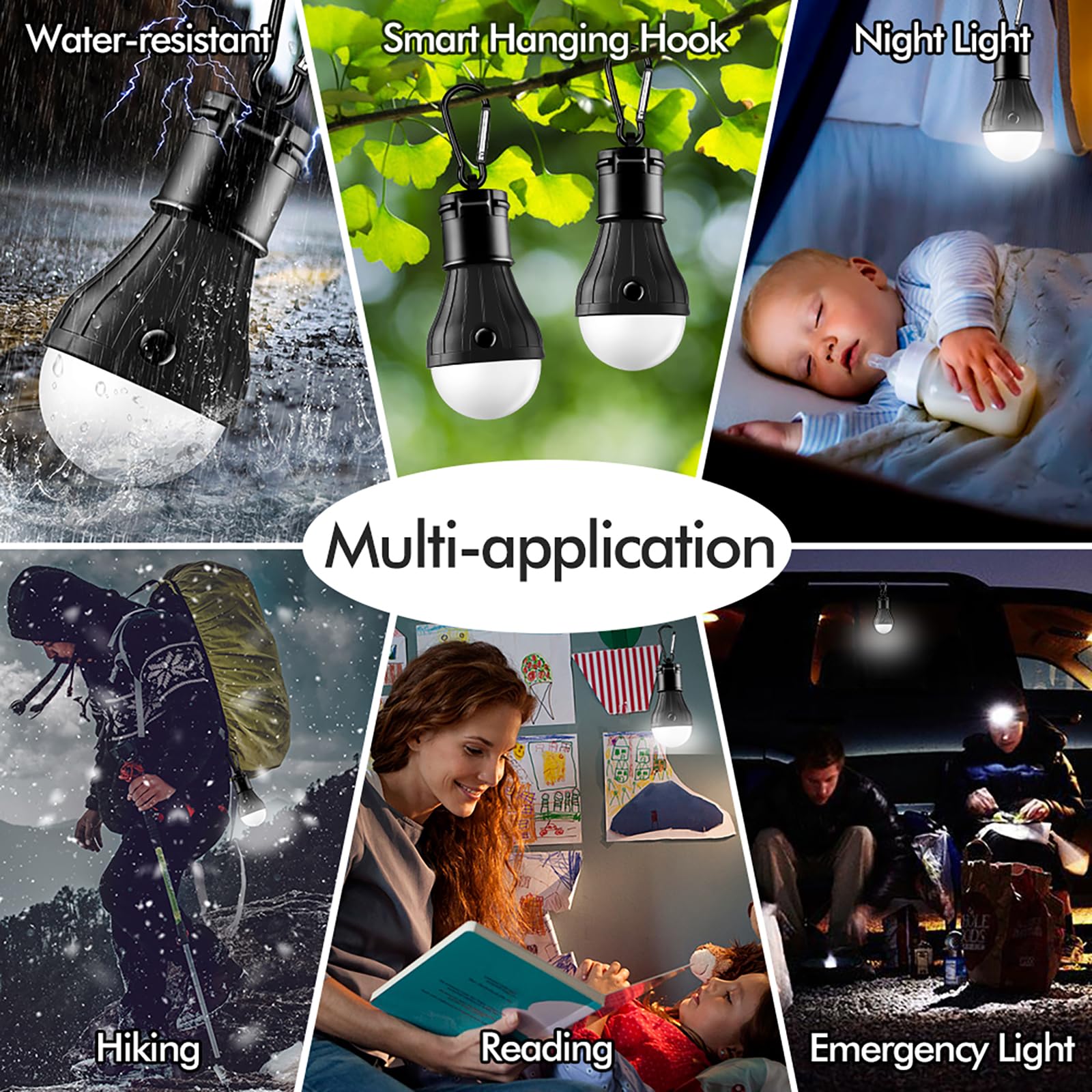 FLY2SKY Portable LED Tent Lamp - 5 Pack Emergency Lights, Black, Plastic, Model 5P-03 for Camping, Hiking, and Outages