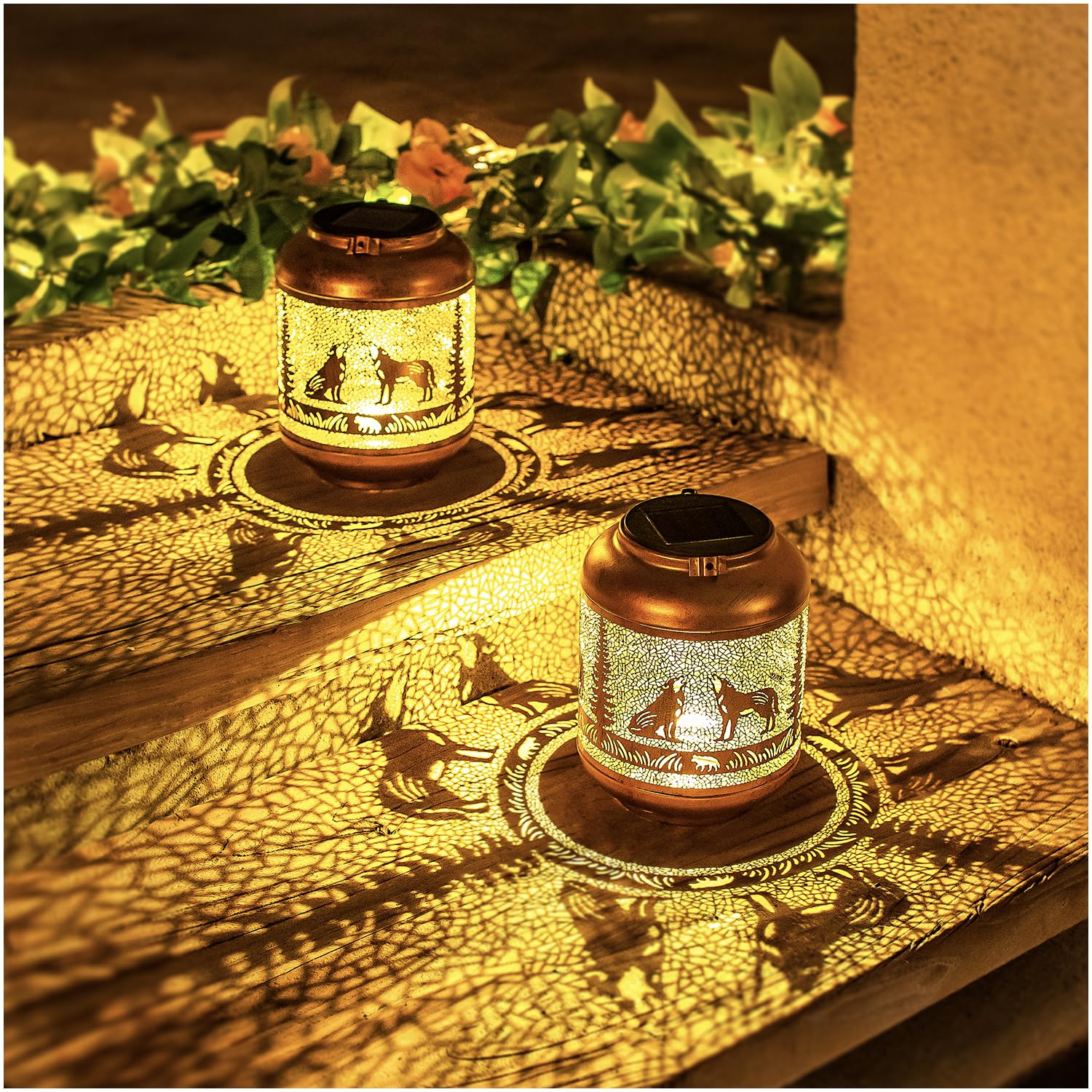 2 Pack Wolf Solar Lanterns Outdoor Waterproof Hanging Solar Lights Wolf Gifts for Women Men Mom Metal Decorative LED Outdoor Lan