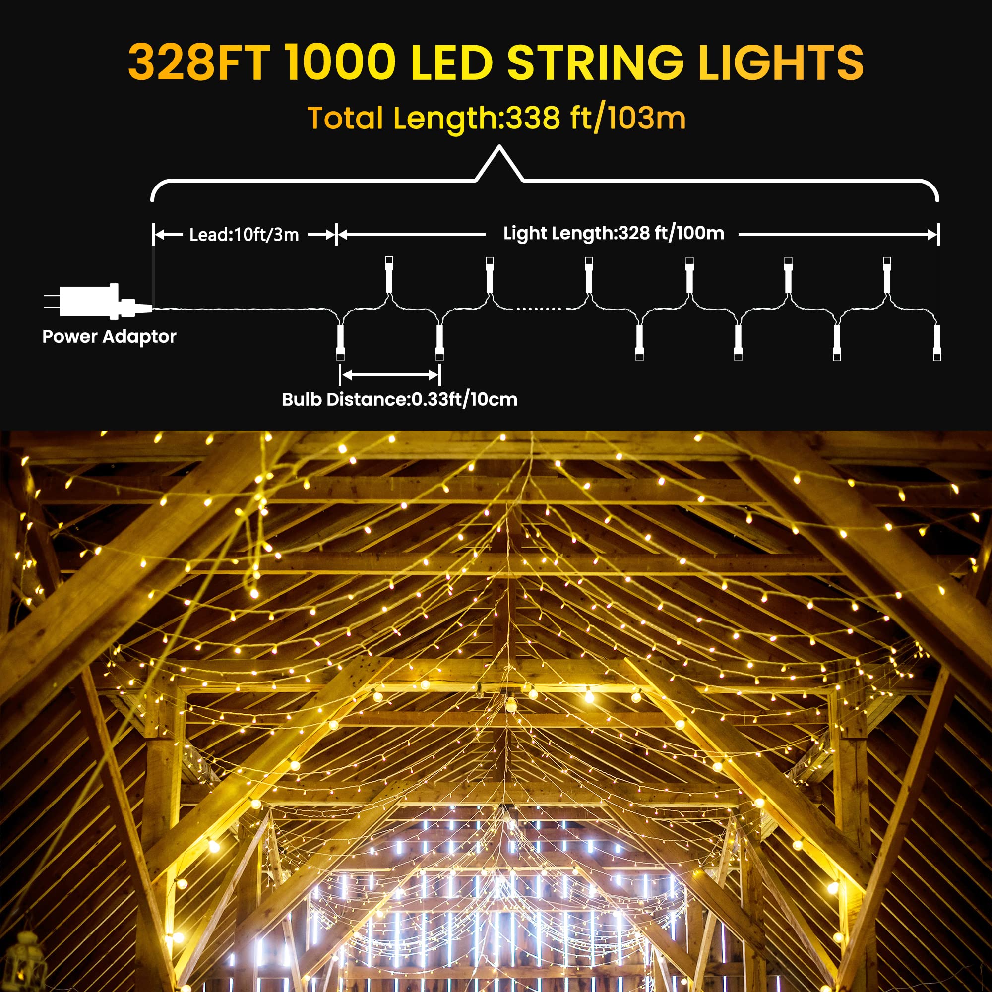 338Ft Christmas Lights Outdoor, 1000 Led Christmas String Lights With 8 Modes, Timer, Waterproof Fairy Twinkle Lights For Christmas Party, Garden, Wedding, Holiday, Xmas Tree Decorations (Warm White)