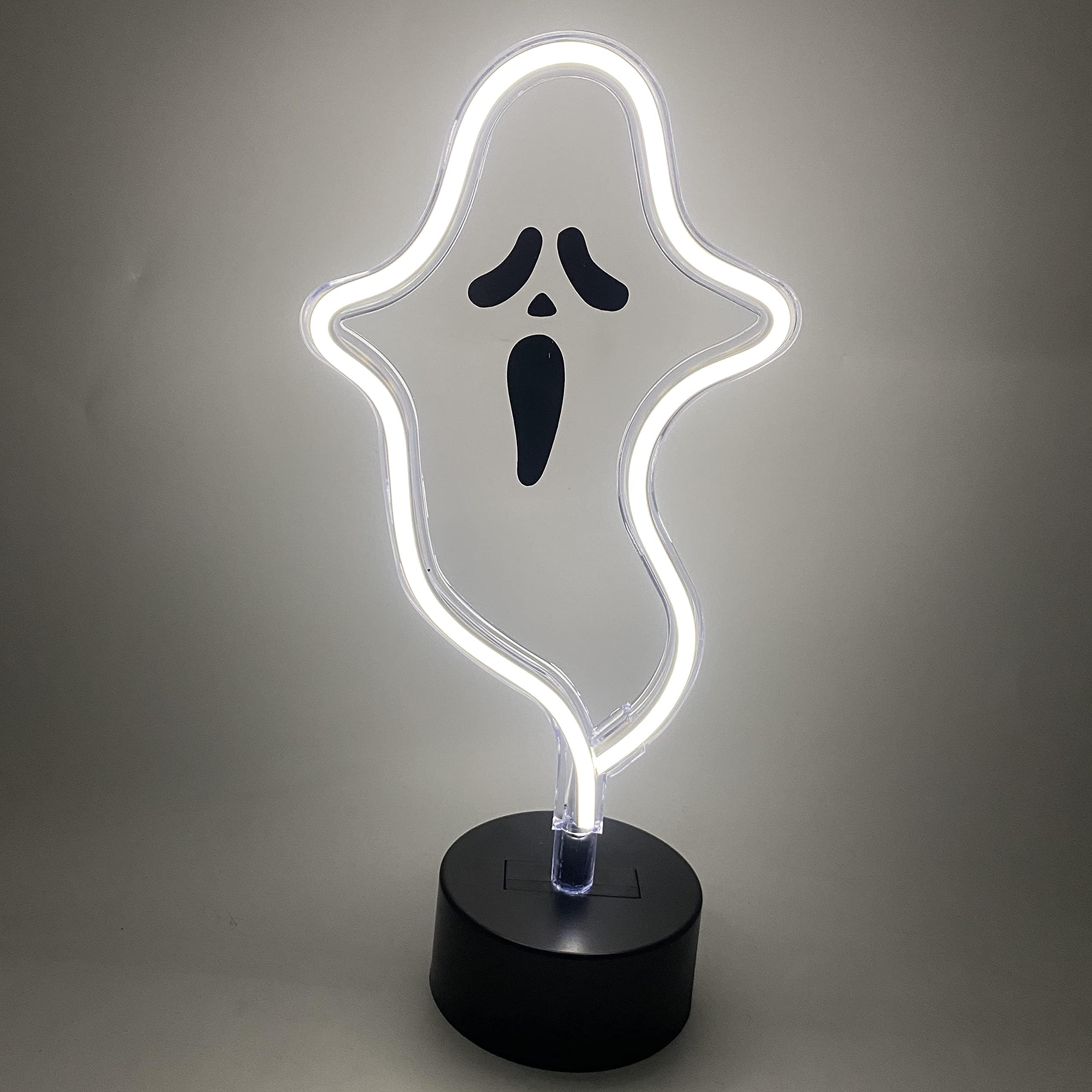 Halloween D  cor Cute Ghost Neon Sign, Spooky White Ghost Table Decor, USB or Battery Powered Halloween Neon Light for Bedoom,Ki