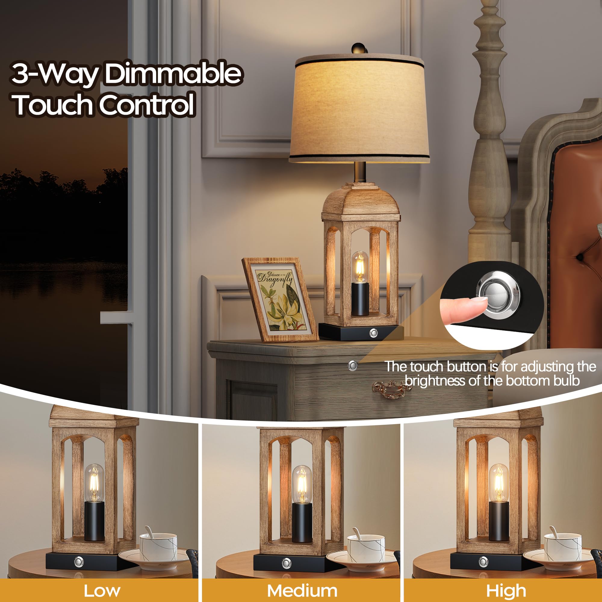 Qimh Table Lamp For Living Room, Farmhouse Lamps Set Of 2 With Usb A+C And Nightlight, 26'' Rustic Bedside Lamps With 3-Way Dimm