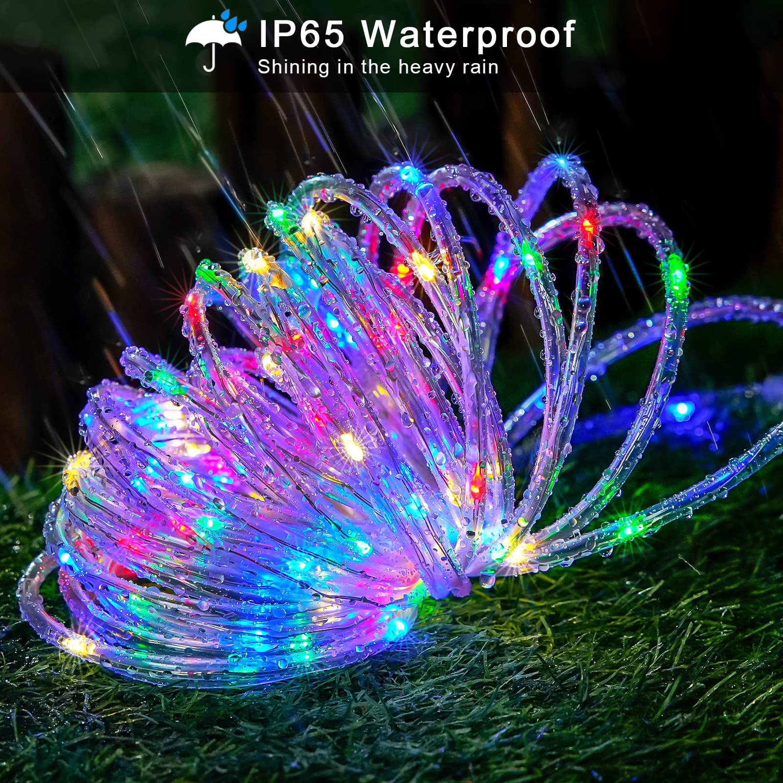 JMEXSUSS 200 LED Solar Rope Lights, 66ft Waterproof Outdoor Lights, 8 Modes, Multicolor for Trampoline, Ladder, Tent, Fence