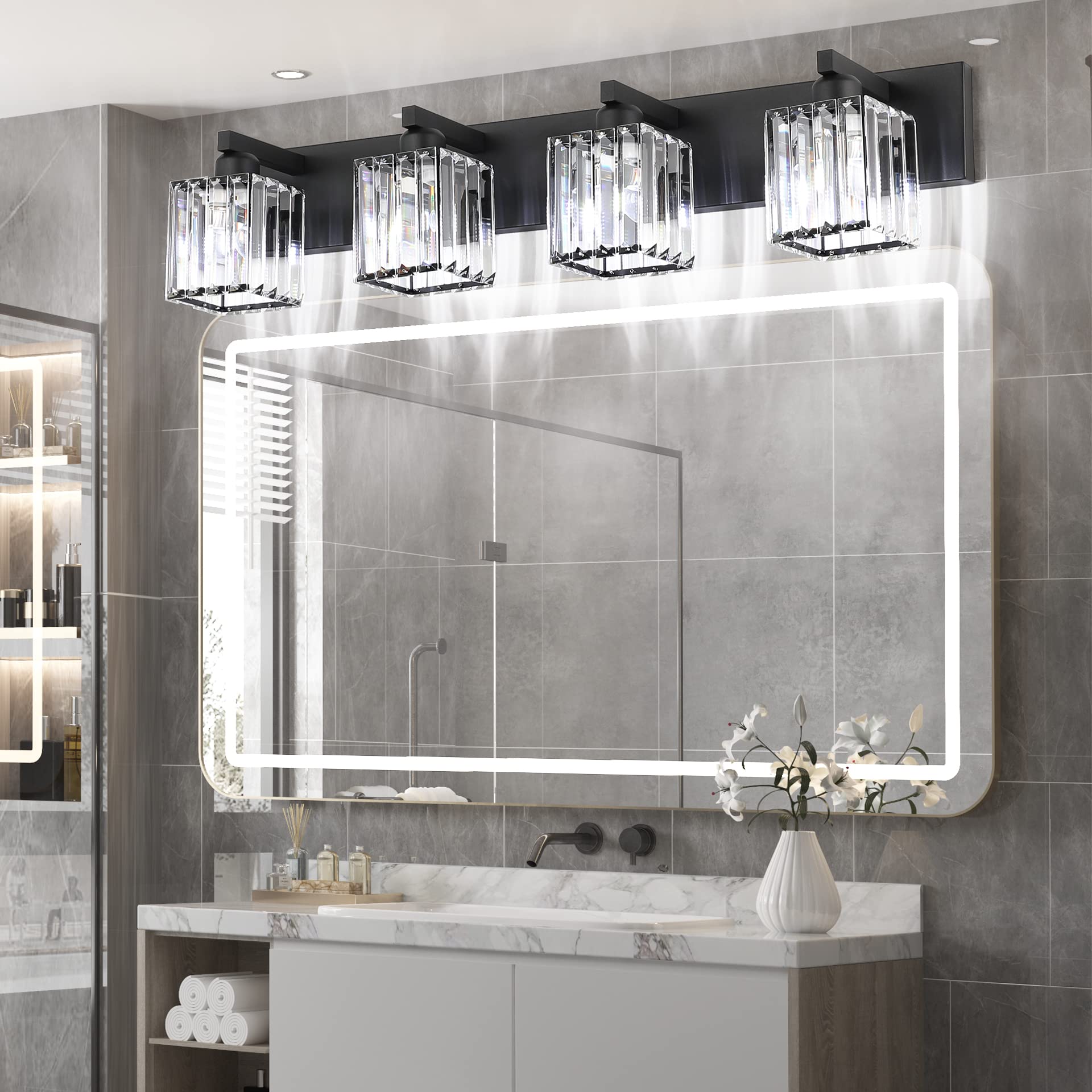 Aipsun Bathroom Vanity Light, 4-Light Modern Crystal Fixture, Black Aluminum, Model 8461