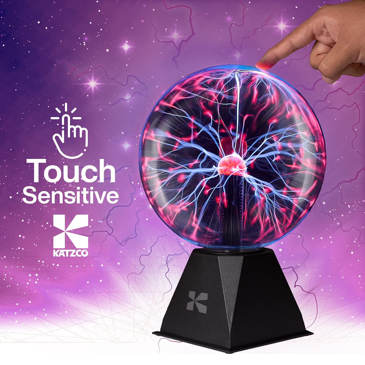 Katzco 8 Inch Plasma Ball - Static Electricity in a Vacuum Pressurized Glass Globe - Nebula Thunder Lightning, Plug-in - for Par
