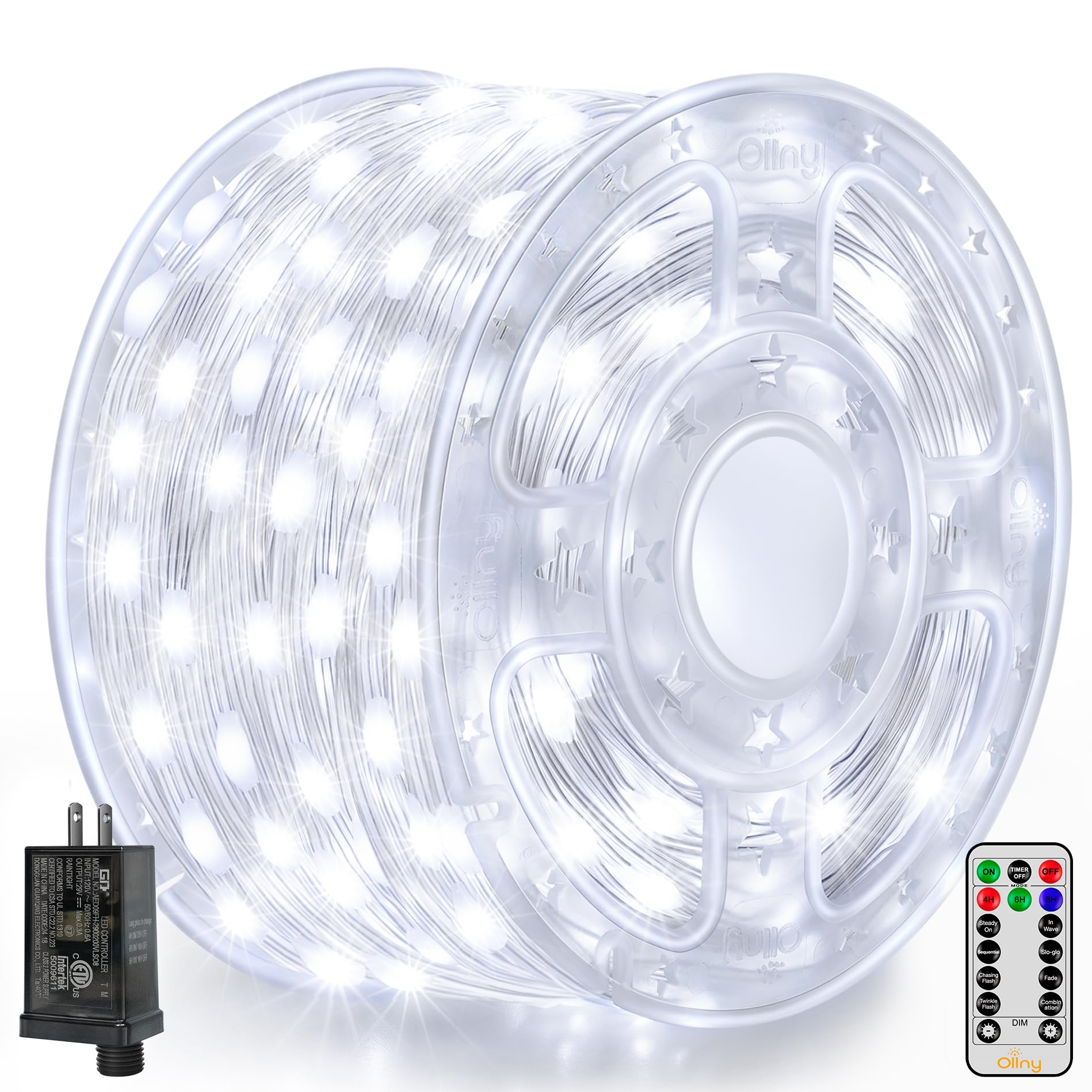 Ollny Christmas Lights Cool White, 600LED 197FT Christmas Tree Lights IP67 Waterproof, Plug in Fairy Lights with Remote 8 Modes 