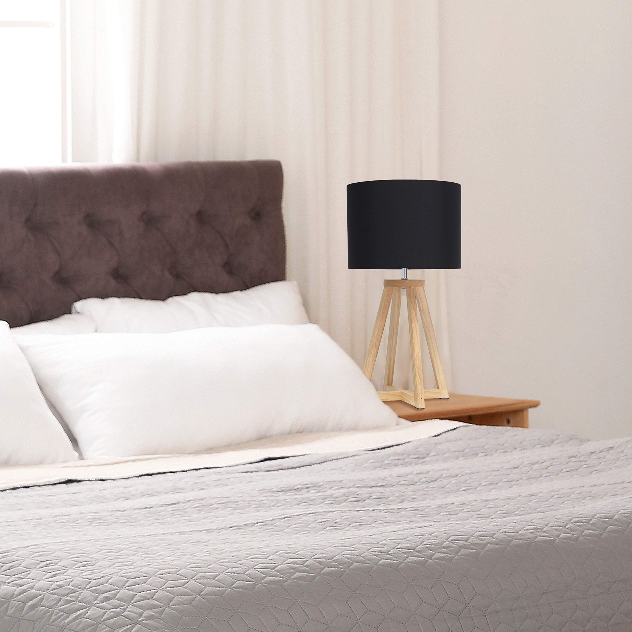 Simple Designs Lt1069-Nbk Interlocked Triangular Wood Fabric Shade Table Lamp, Natural/Black