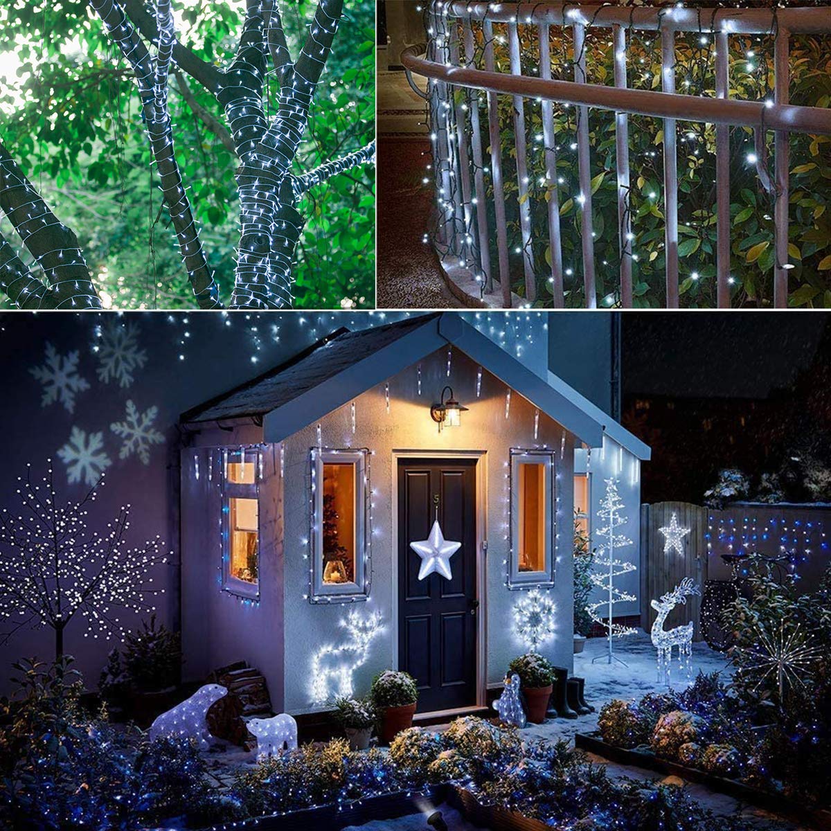 Solar Led Christmas String Lights - 2 Pack 72Ft 200 Led 8 Modes Outdoor Icicle String Lights, Waterproof Solar Powered White String Lights For Garden, Patio, Fence, Christmas Tree Decorations White