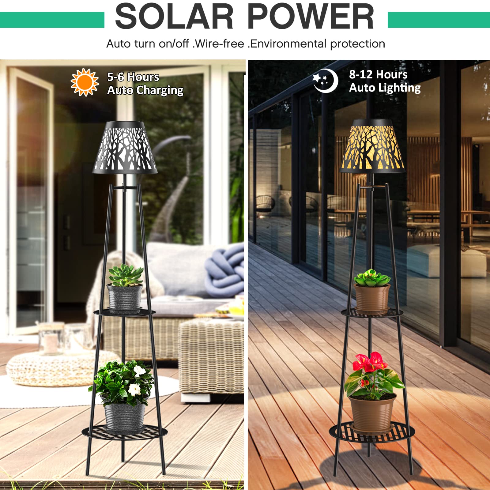 VISFLAIR Solar Powered Outdoor Floor Lamps, 2 Pack, Metal, 45.5in H, Waterproof, with 2 Tier Plant Stand, Model VF-005A