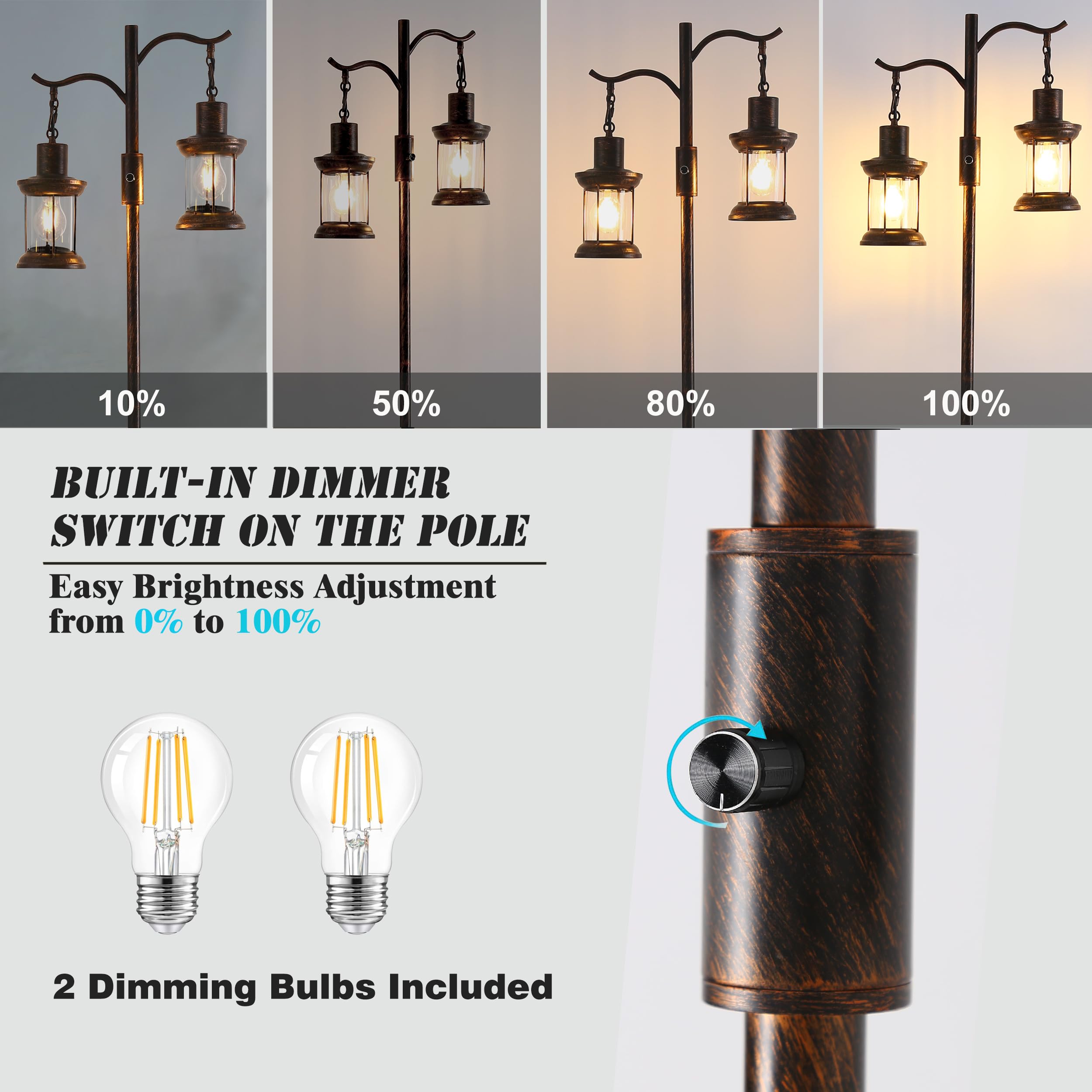 Asmymhd Vintage Dimmable Floor Lamp, Rustic Copper Black Finish, 2 Lanterns, Model F-230912, Ideal for Living Room Decor