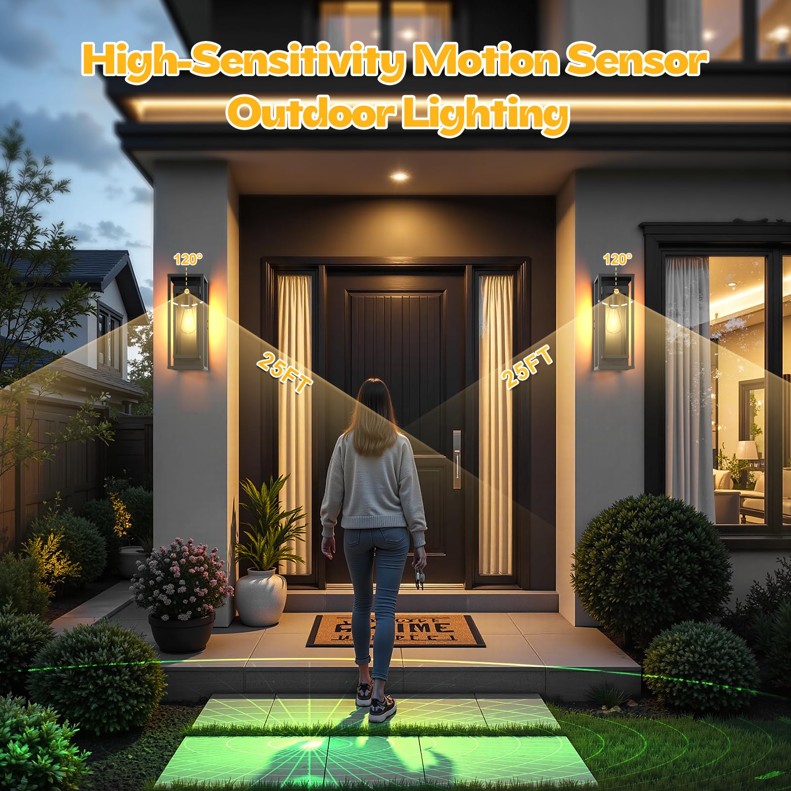 SIAFAVOI Motion Sensor Outdoor Wall Light 15in Waterproof Black Lantern, 2-Pack, Dusk to Dawn Sconce for Garage and Entryway