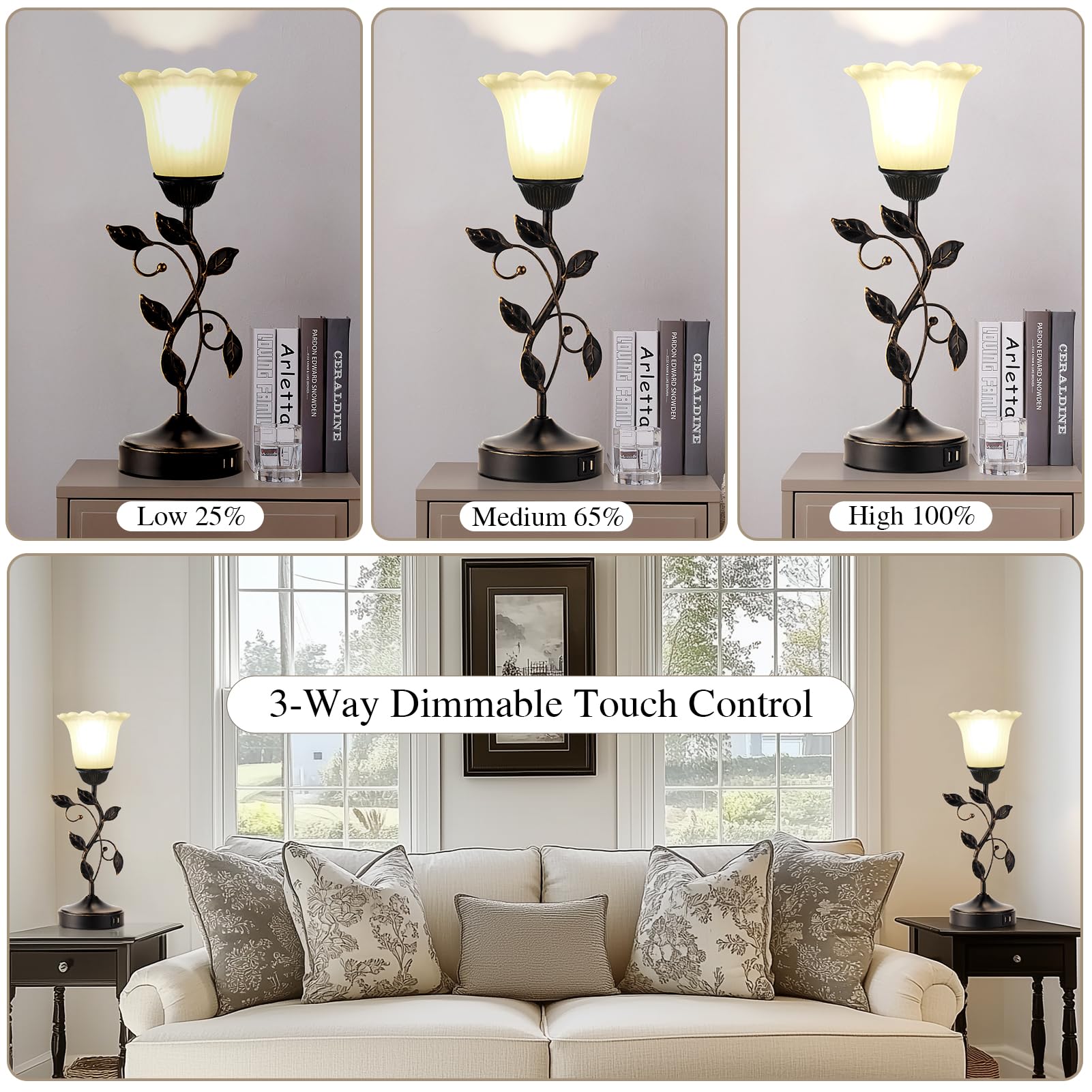 Roriano Set Of 2 Touch Bedside Vintage Lamps With 2 Usb Ports, 3-Way Dimmable Flower Lamps, White Glass Shade Rustic Leaf Lamp F