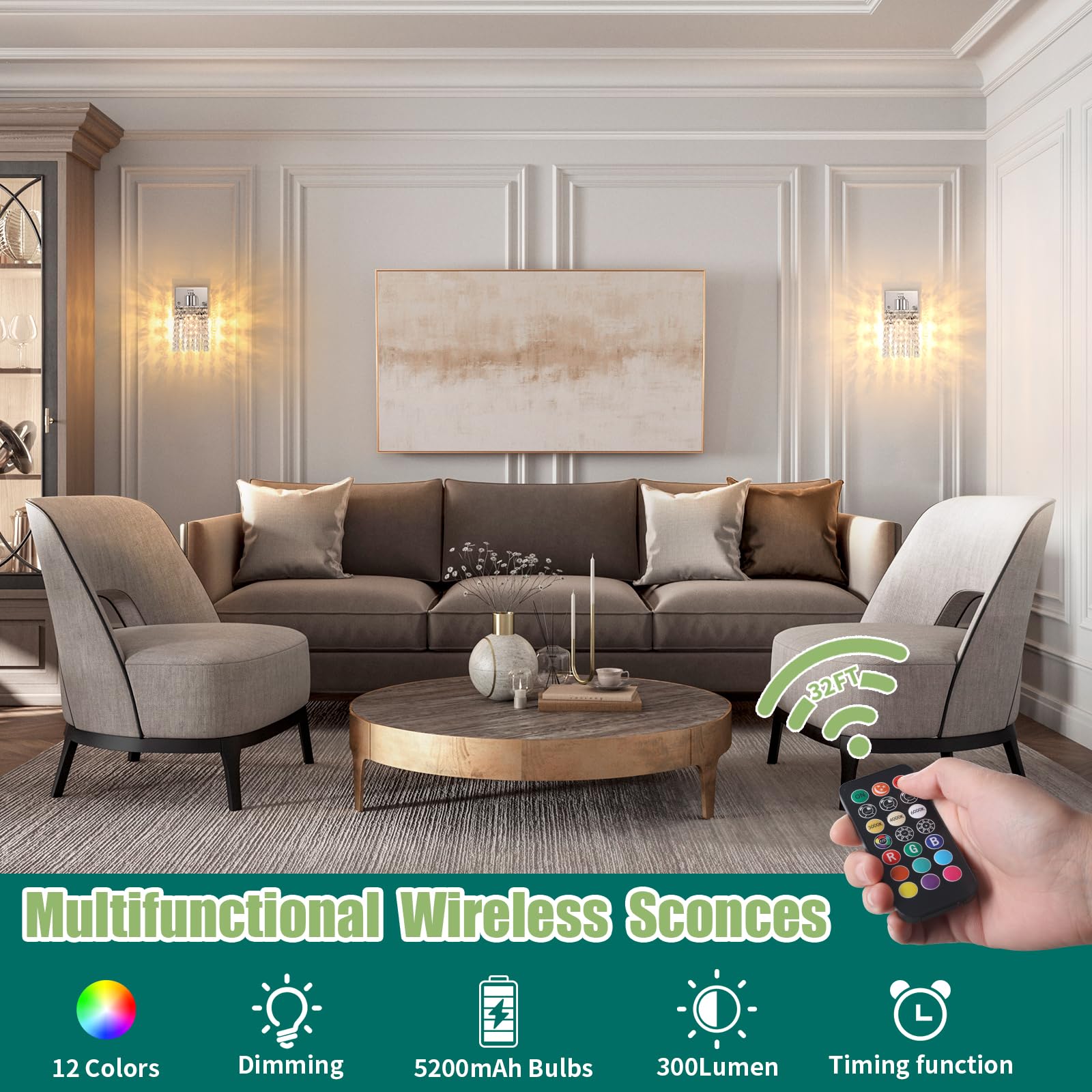 Shenmoyl Crystal Wall Sconce - Rechargeable Dimmable Lamp with 5200mAh Battery, Remote Control, Clear-Silver Base, Model 1-73090-wlamp
