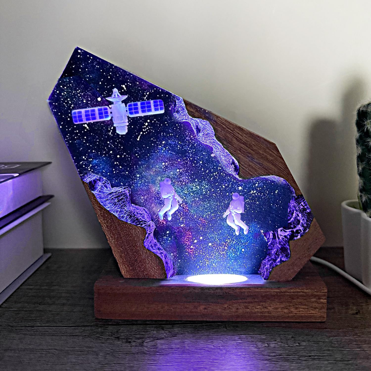 Handcrafted Astronaut Resin Lamp, RGB Galaxy Light With Wood Base USB Charging, Space Themed Bedroom Decor, Astronomy Gift for S