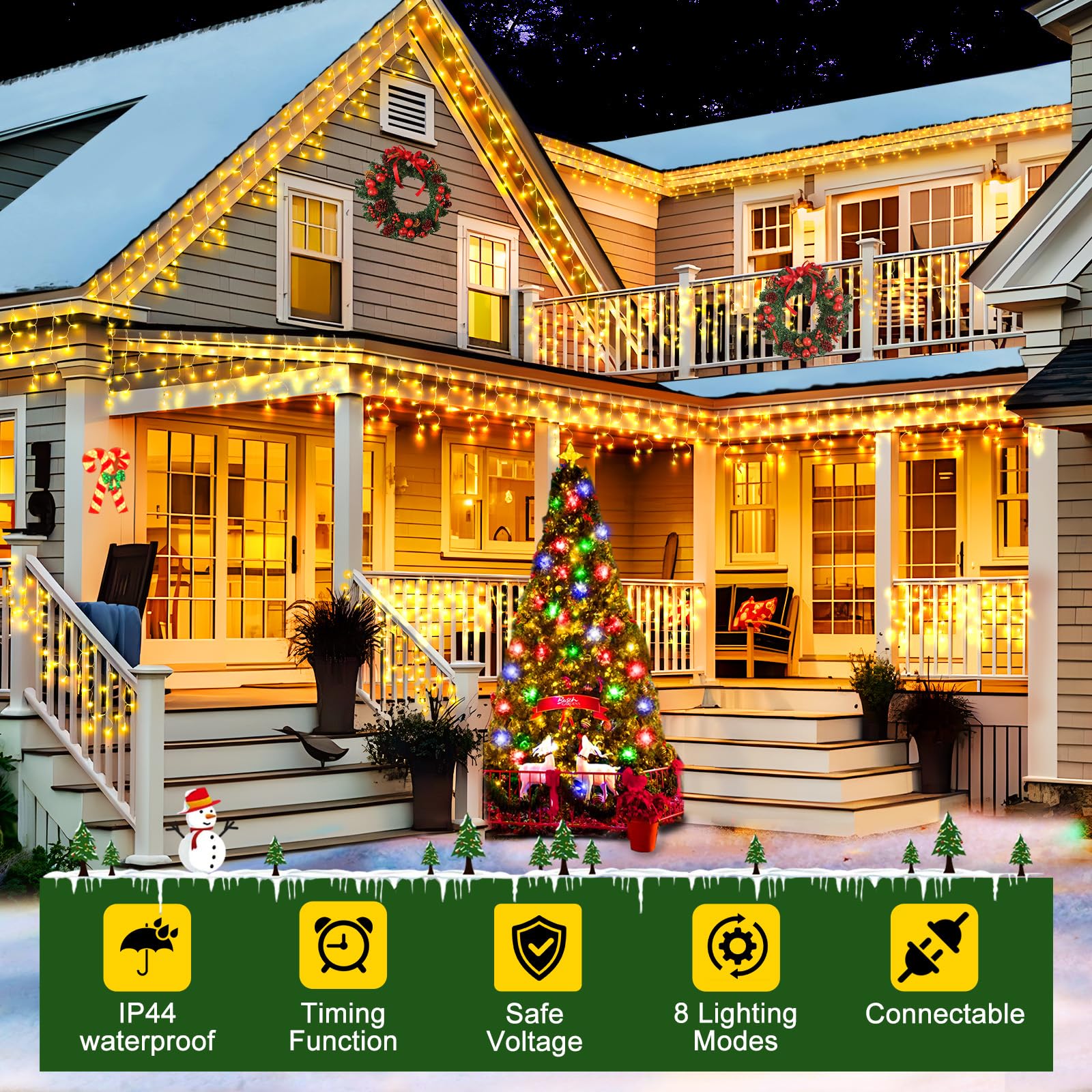 Sauirs 2Pack 320 Led Christmas Lights Outdoor Decorations With 120 Drops Timer 8Mode 66Ft Curtaing Lights Waterproof Plug In Fairy Lights For Indoor Xmas Party Patio Window Trees Decor(Warm White)