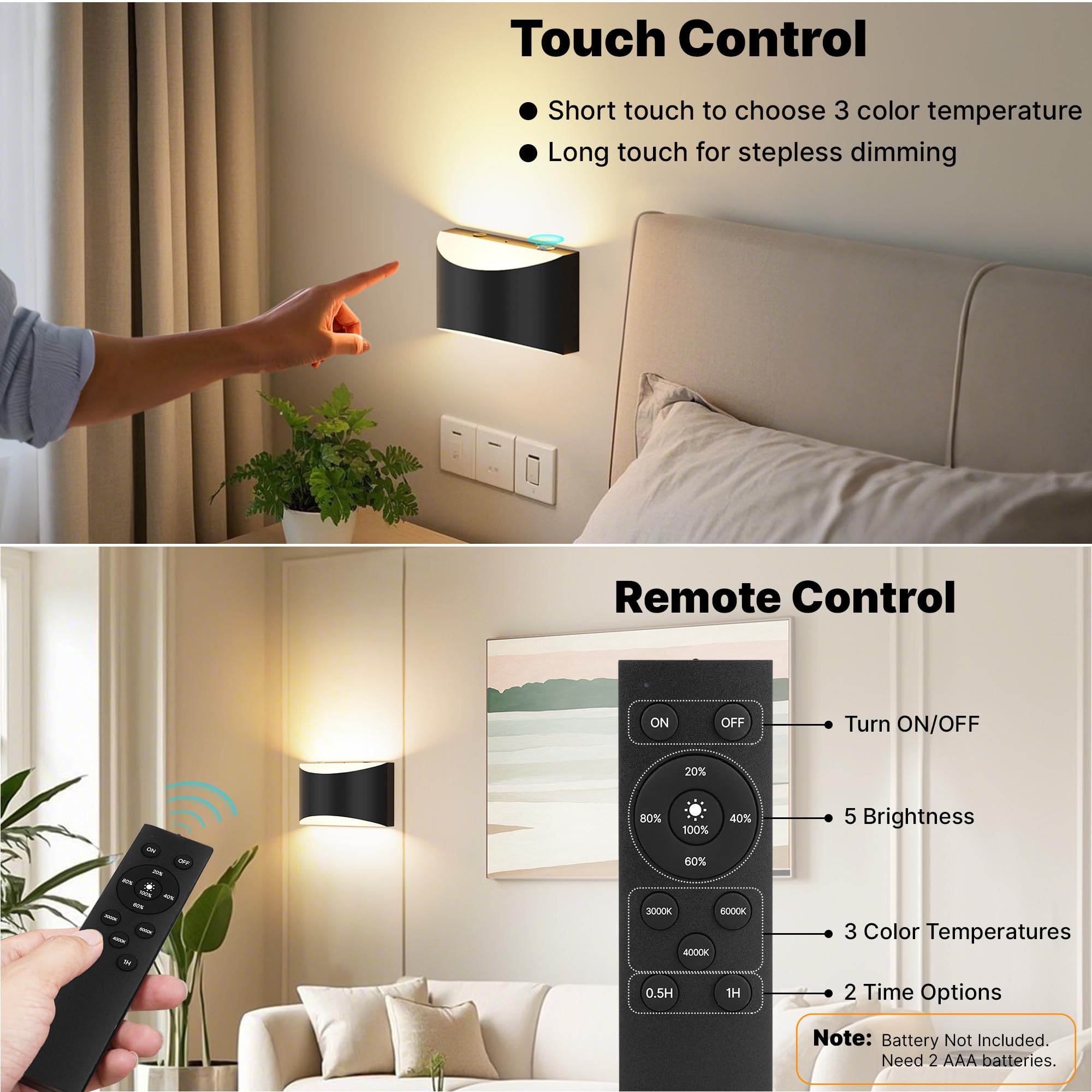 FOLKSMATE Battery Operated Wall Sconces Set of 2, 8000mAh, Wireless Remote, 3 Color Temperatures, Black, Model XUBYCD-25